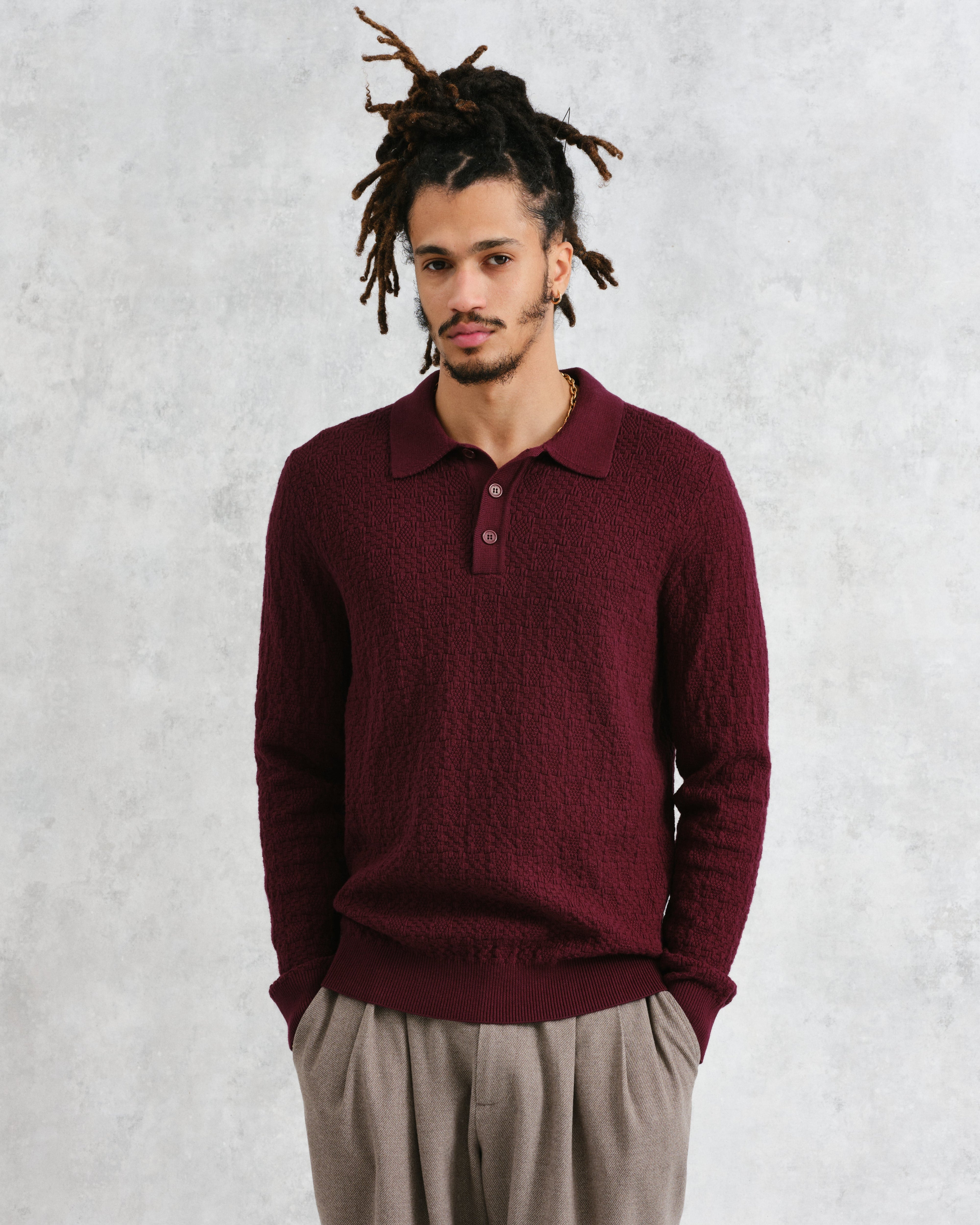 Oban - Burgundy Textured-Check Knitted Long Sleeve Polo Shirt