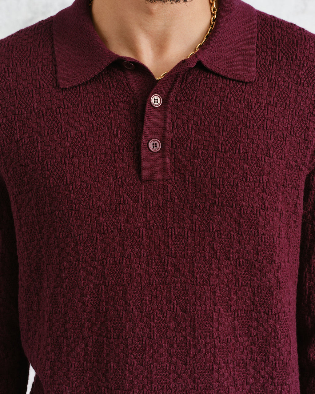 Oban - Burgundy Textured-Check Knitted Long Sleeve Polo Shirt