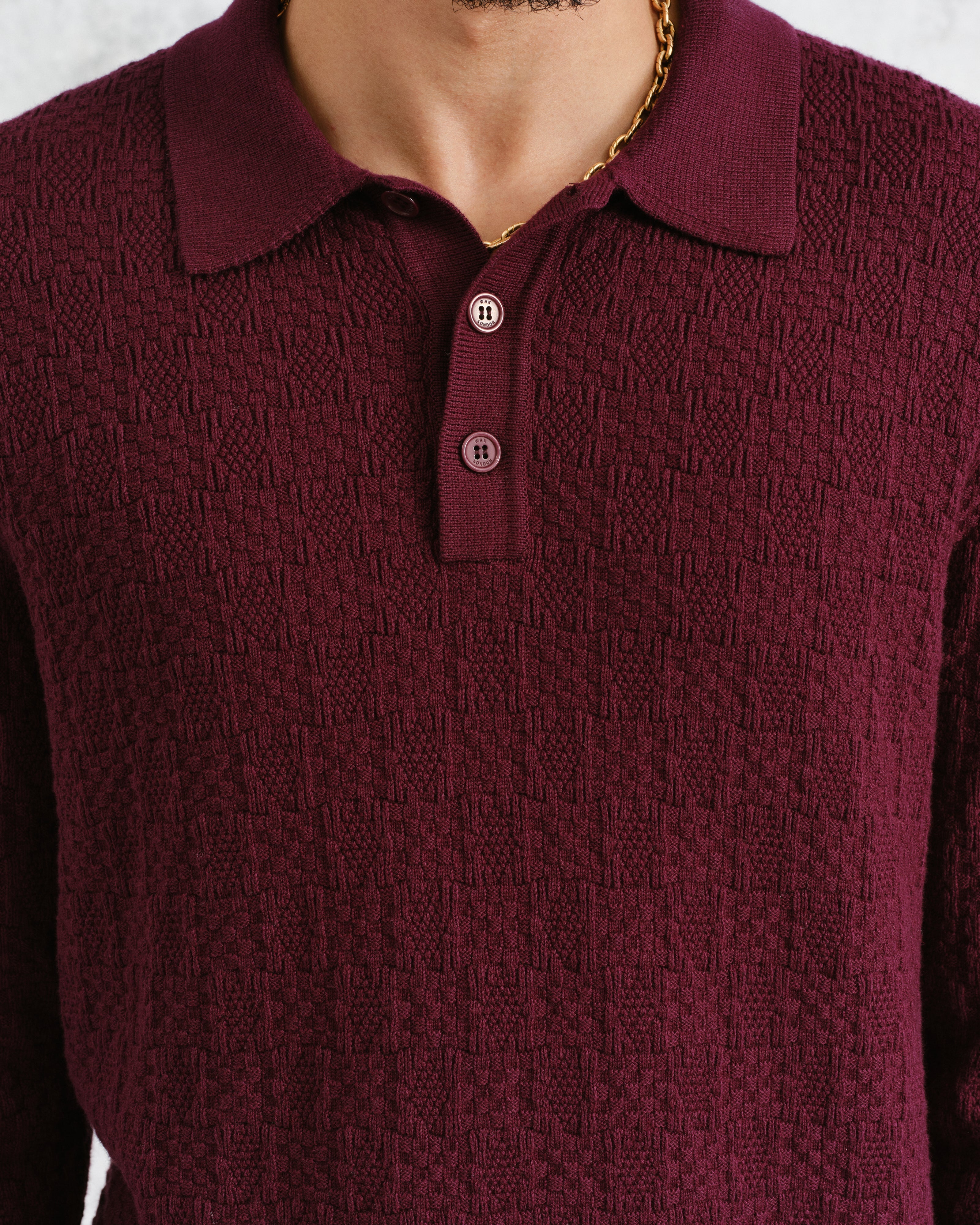 Oban - Burgundy Textured-Check Knitted Long Sleeve Polo Shirt