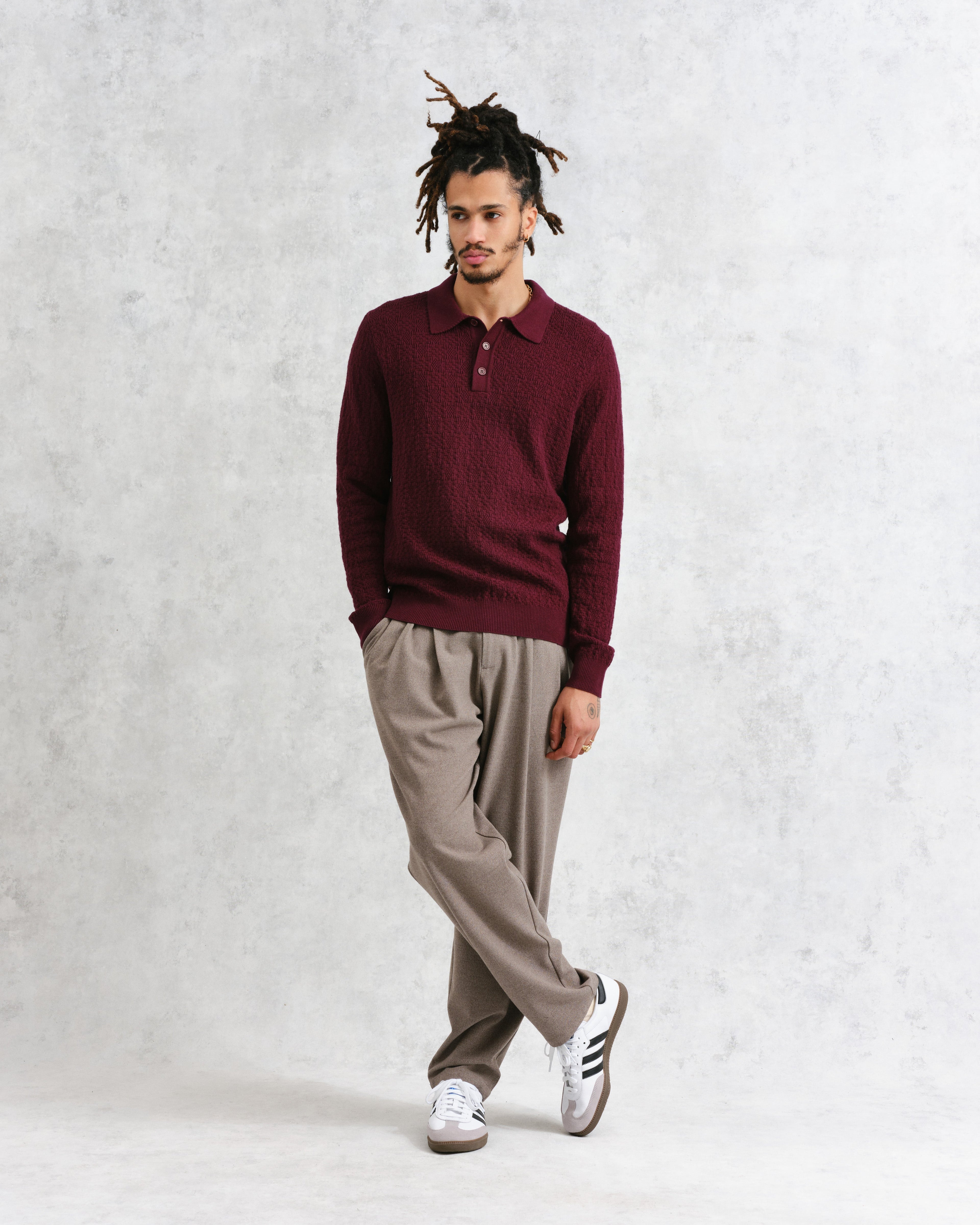Oban - Burgundy Textured-Check Knitted Long Sleeve Polo Shirt