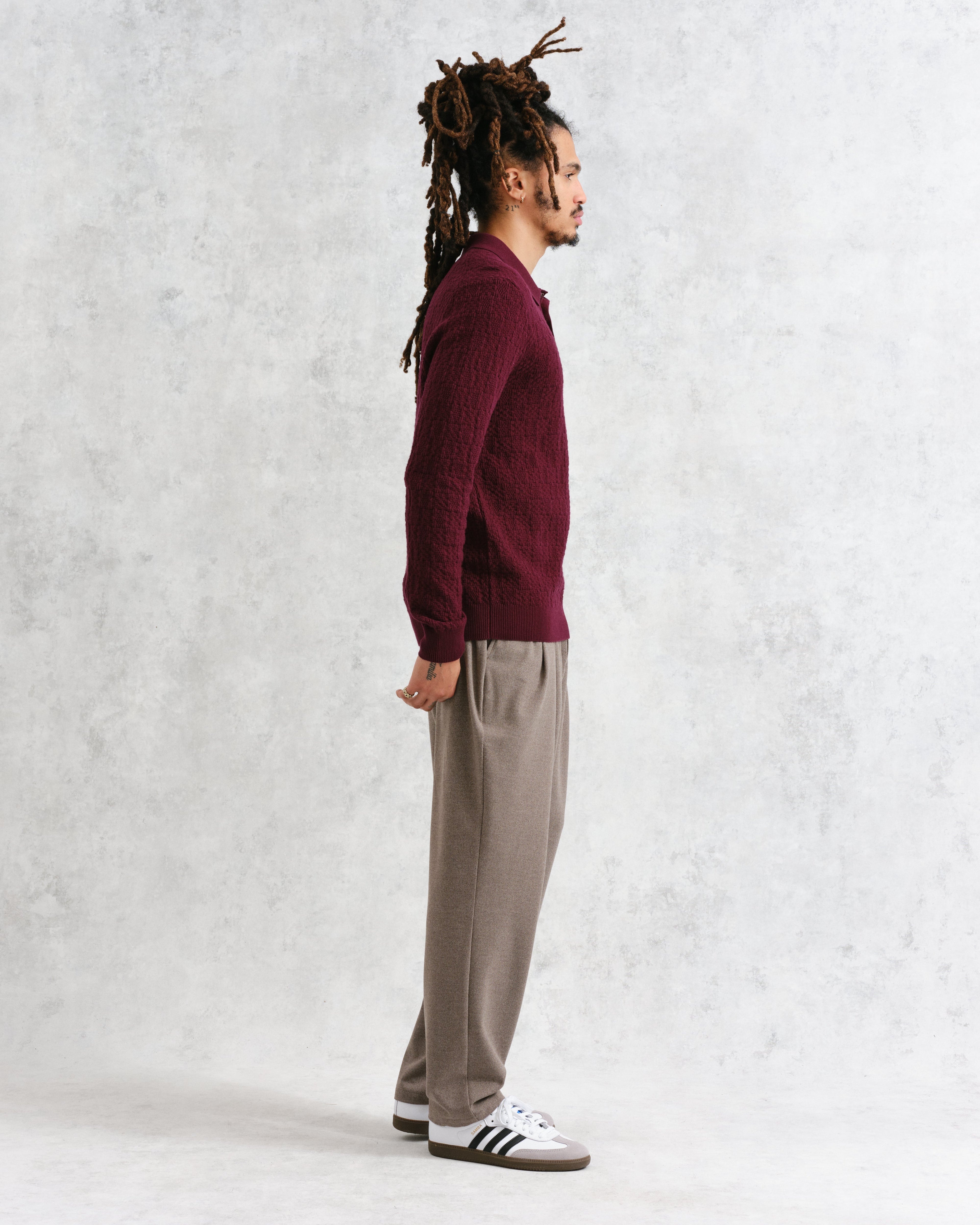 Oban - Burgundy Textured-Check Knitted Long Sleeve Polo Shirt