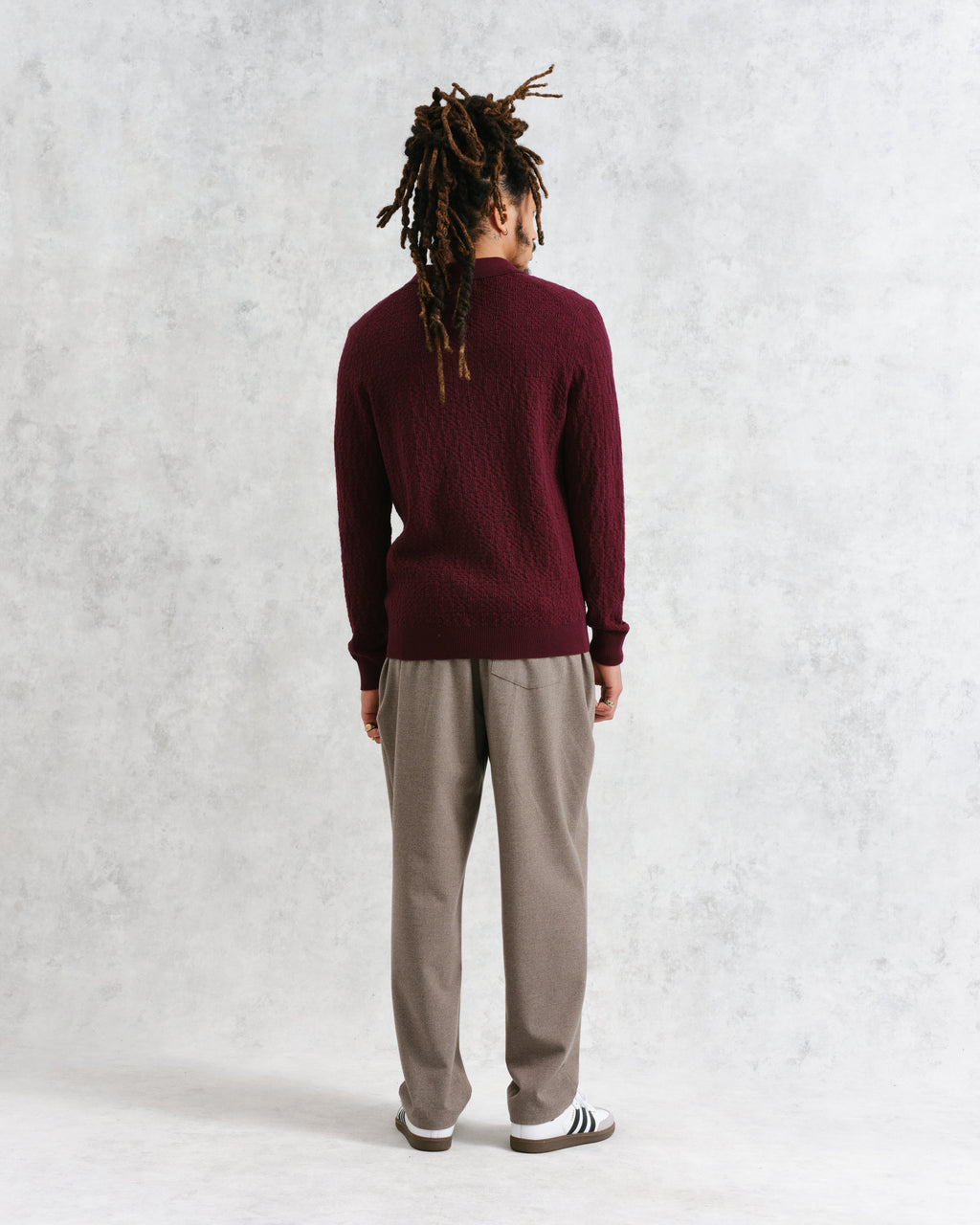 Oban - Burgundy Textured-Check Knitted Long Sleeve Polo Shirt