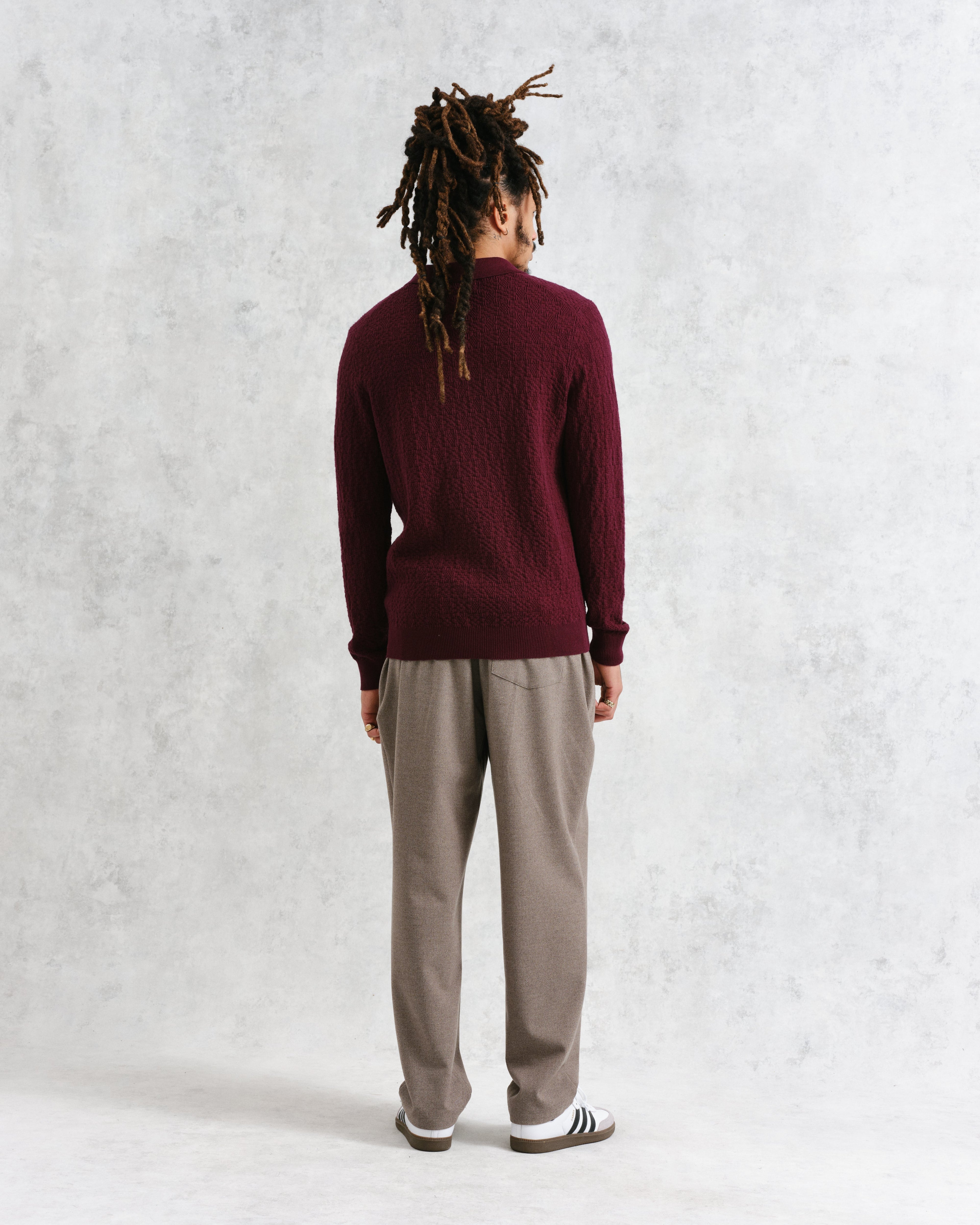 Oban - Burgundy Textured-Check Knitted Long Sleeve Polo Shirt