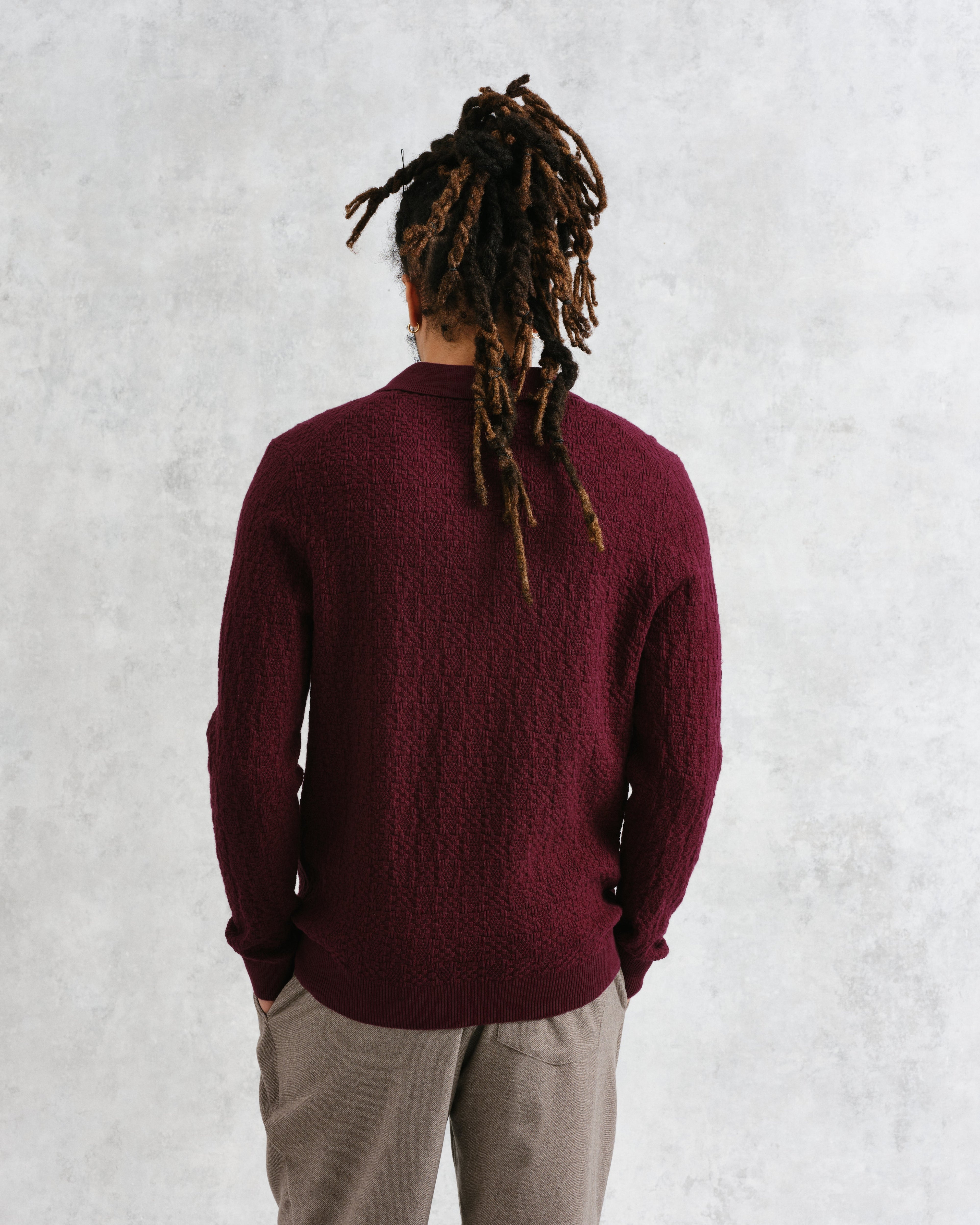 Oban - Burgundy Textured-Check Knitted Long Sleeve Polo Shirt