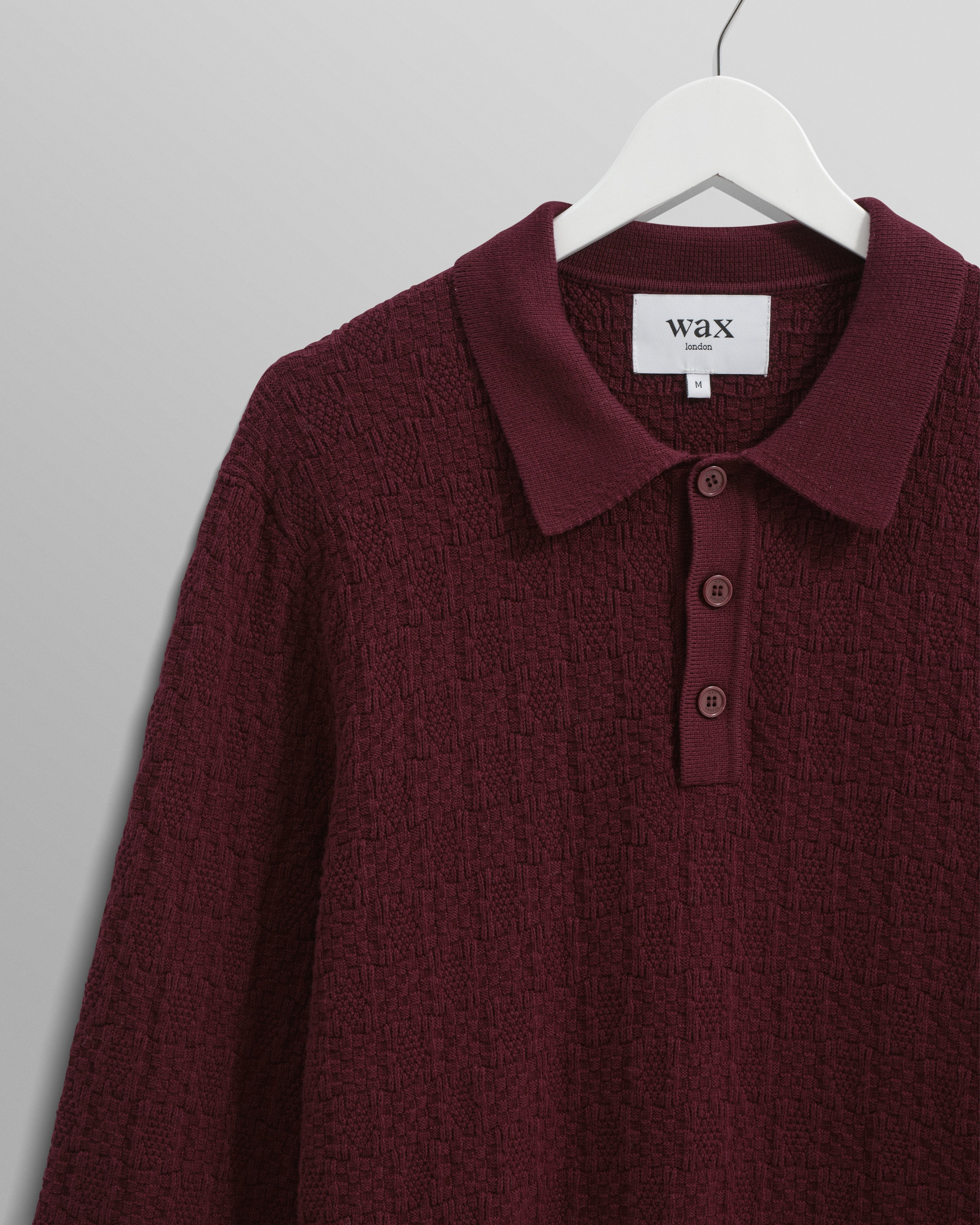Oban - Burgundy Textured-Check Knitted Long Sleeve Polo Shirt