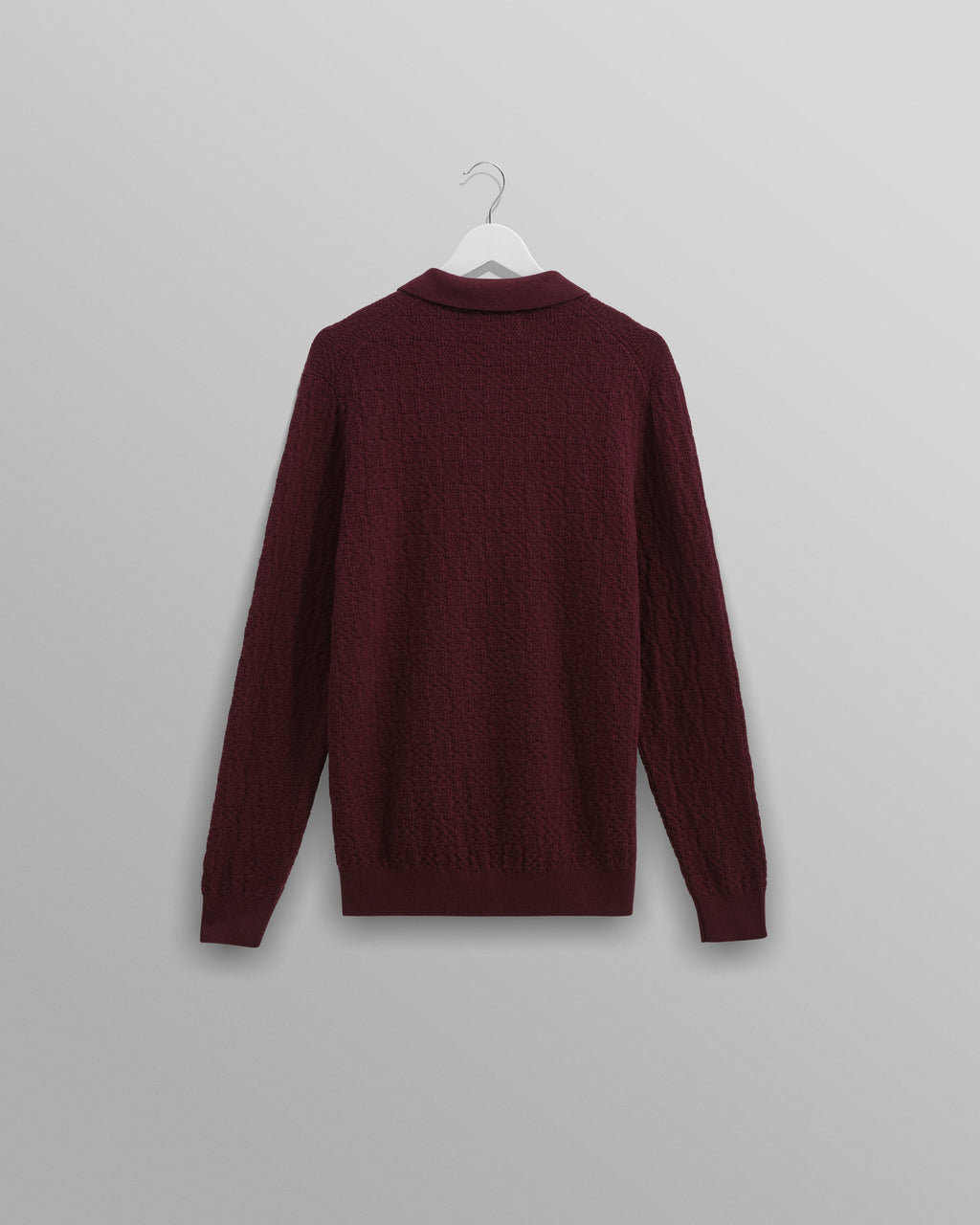 Oban - Burgundy Textured-Check Knitted Long Sleeve Polo Shirt