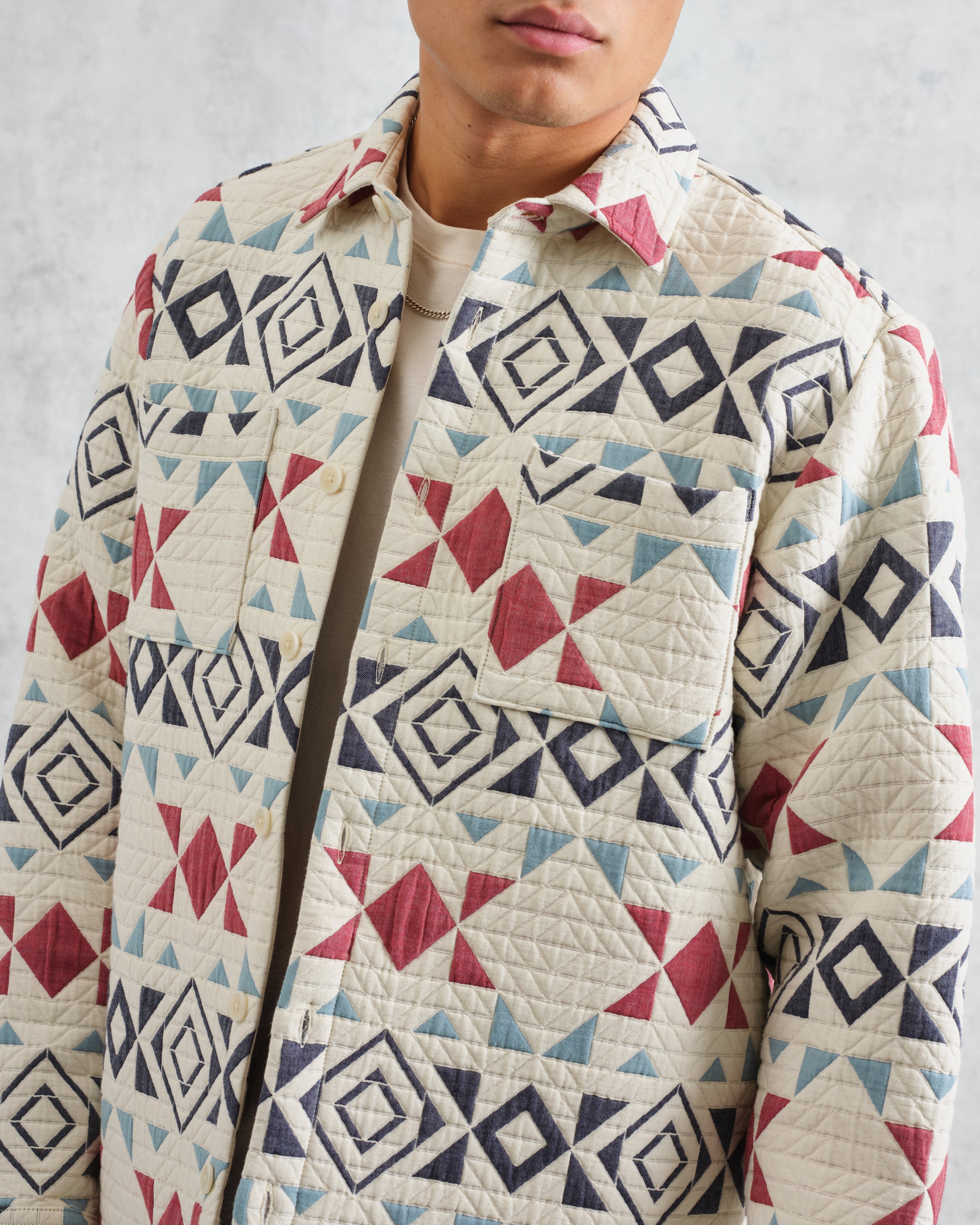 Otto - Ecru And Red Quilted Overshirt