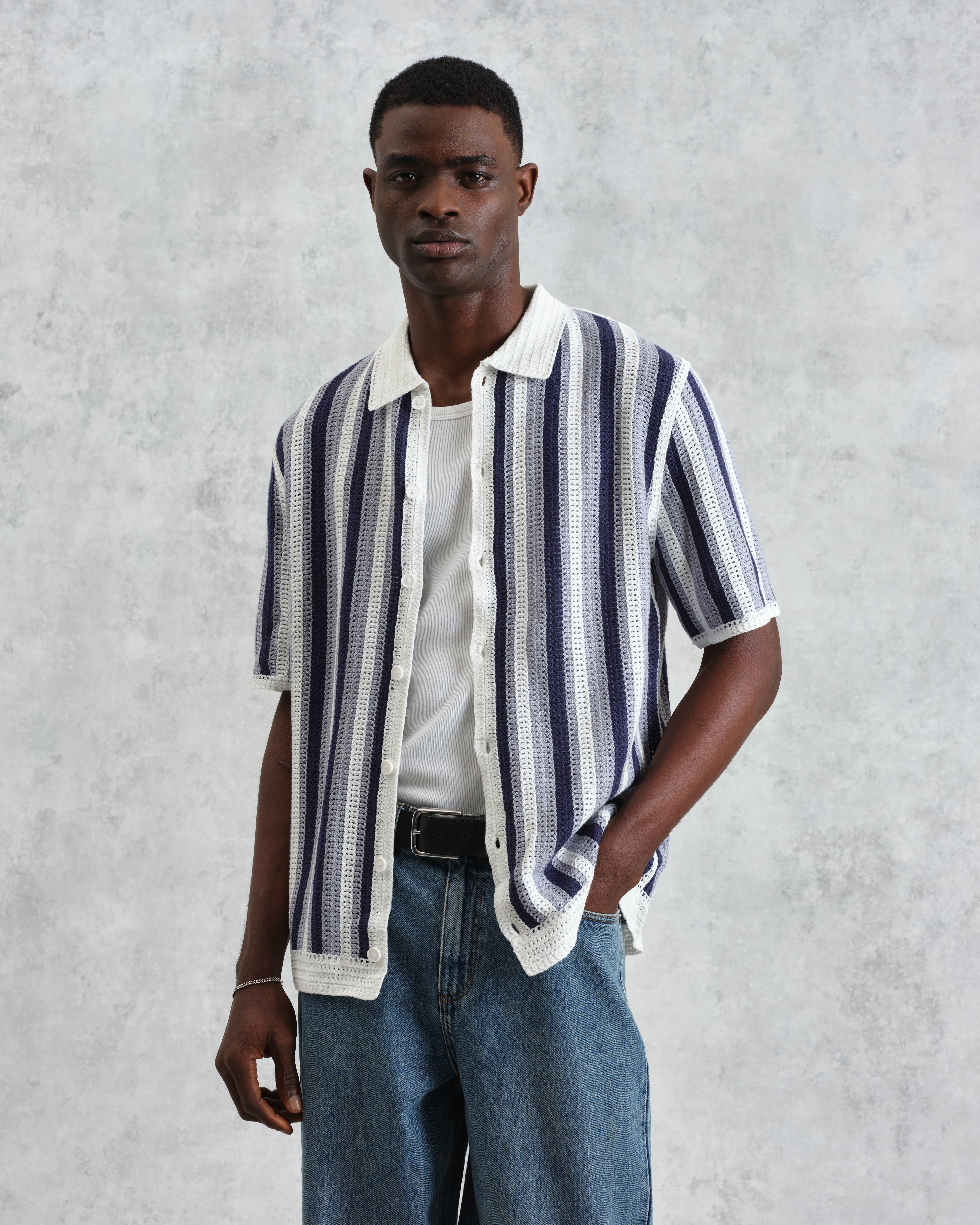 Porto - Blue And Ecru Stripe Crochet Knitted Polo Shirt