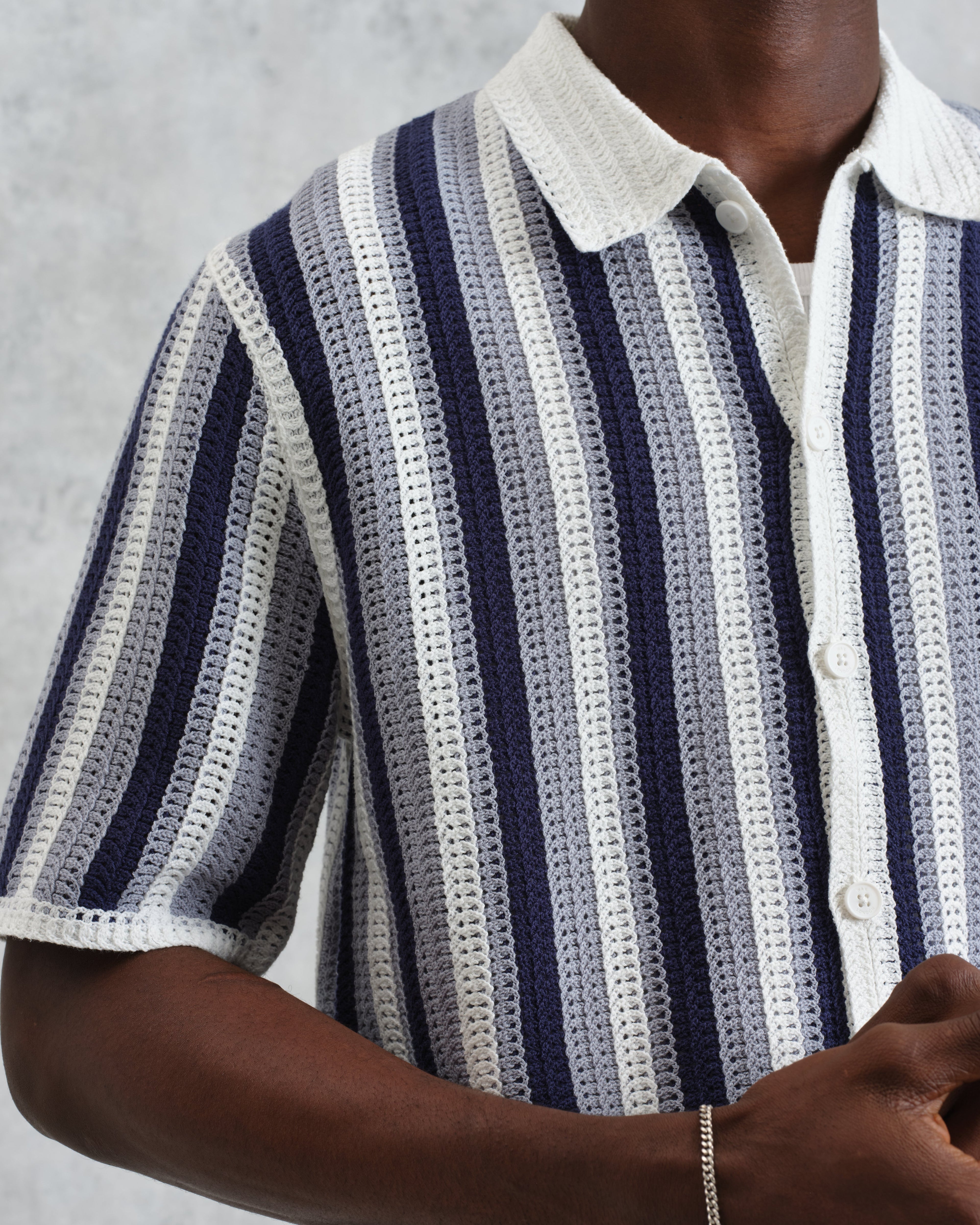 Porto - Blue And Ecru Stripe Crochet Knitted Polo Shirt