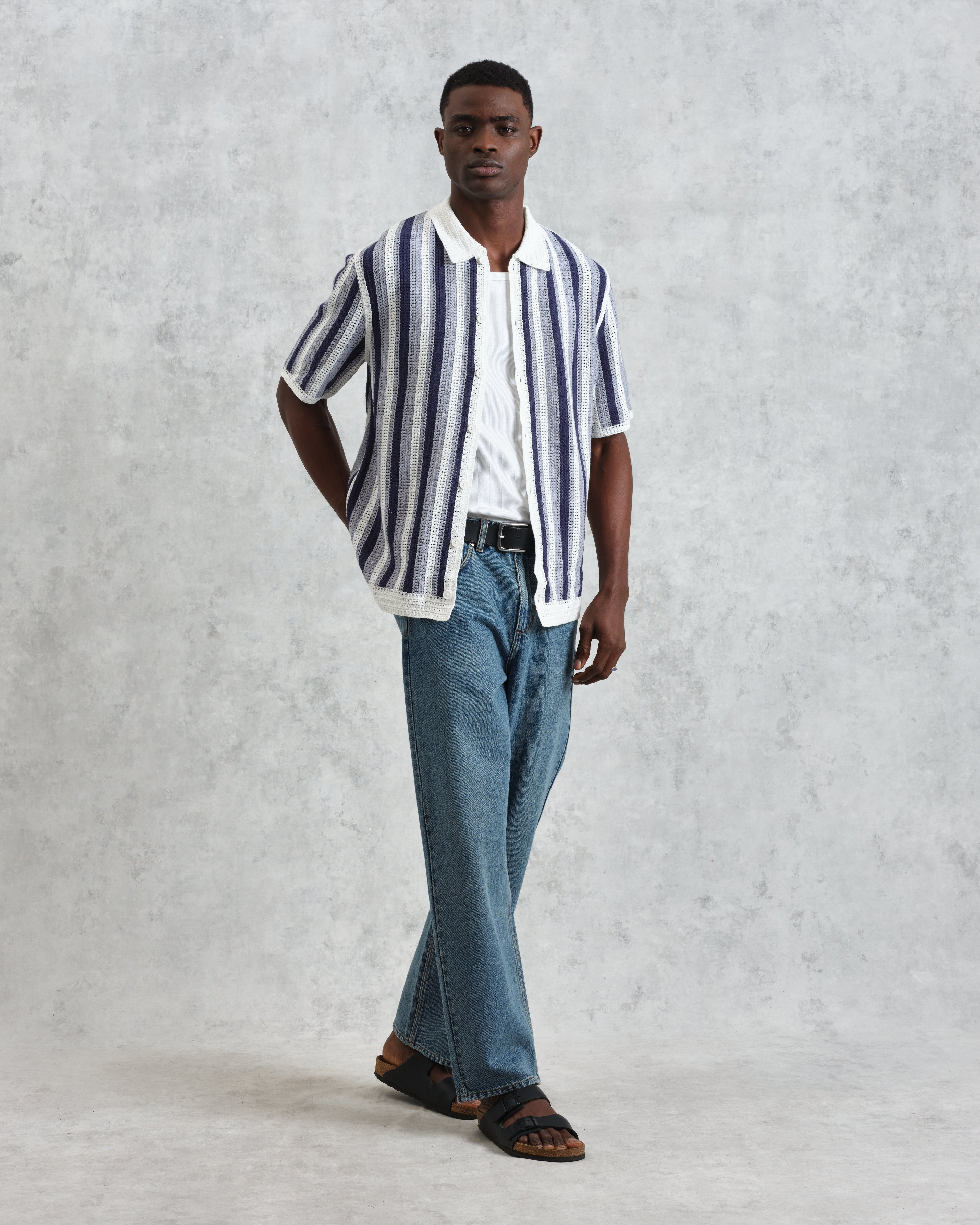 Porto - Blue And Ecru Stripe Crochet Knitted Polo Shirt