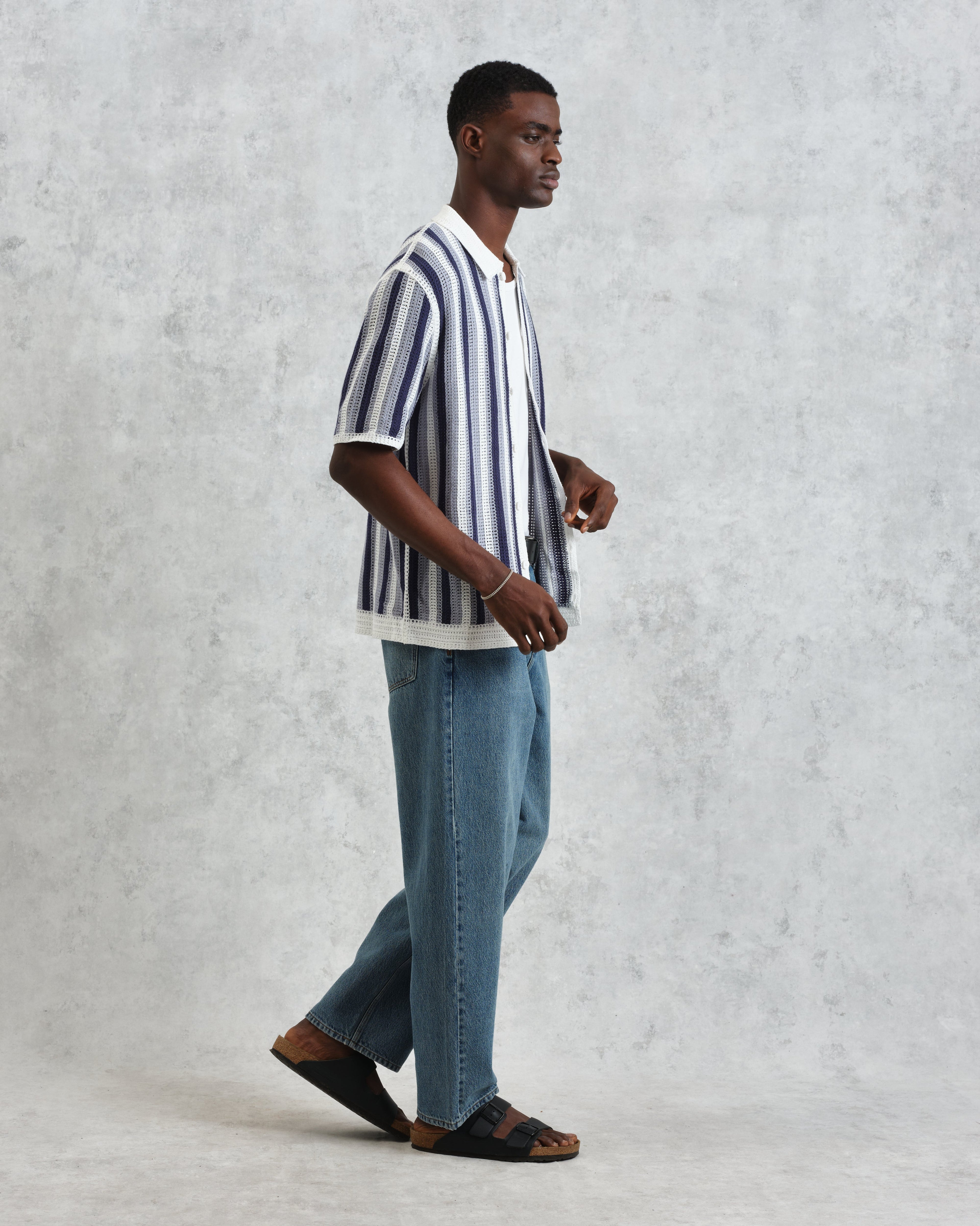 Porto - Blue And Ecru Stripe Crochet Knitted Polo Shirt