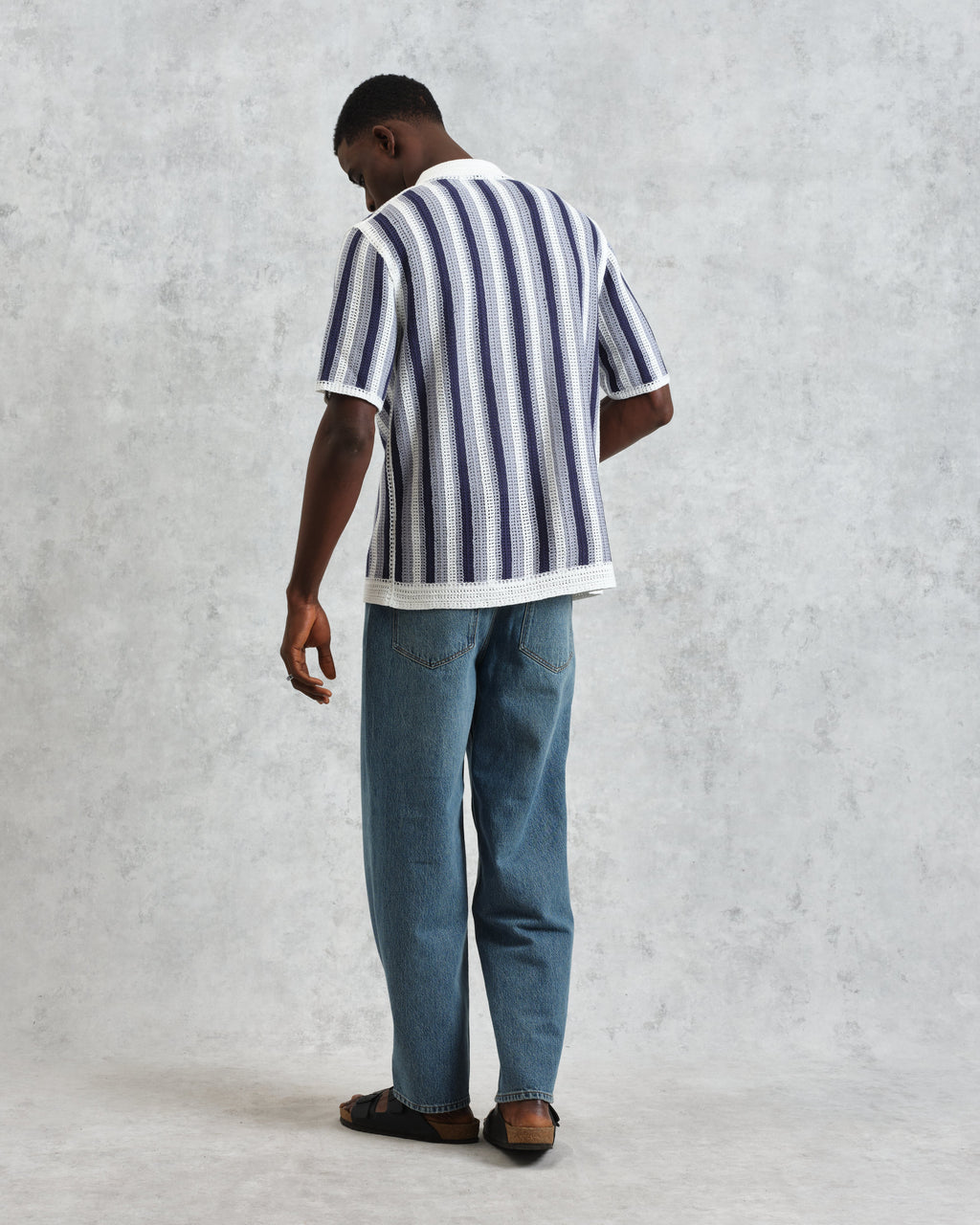 Porto - Blue And Ecru Stripe Crochet Knitted Polo Shirt