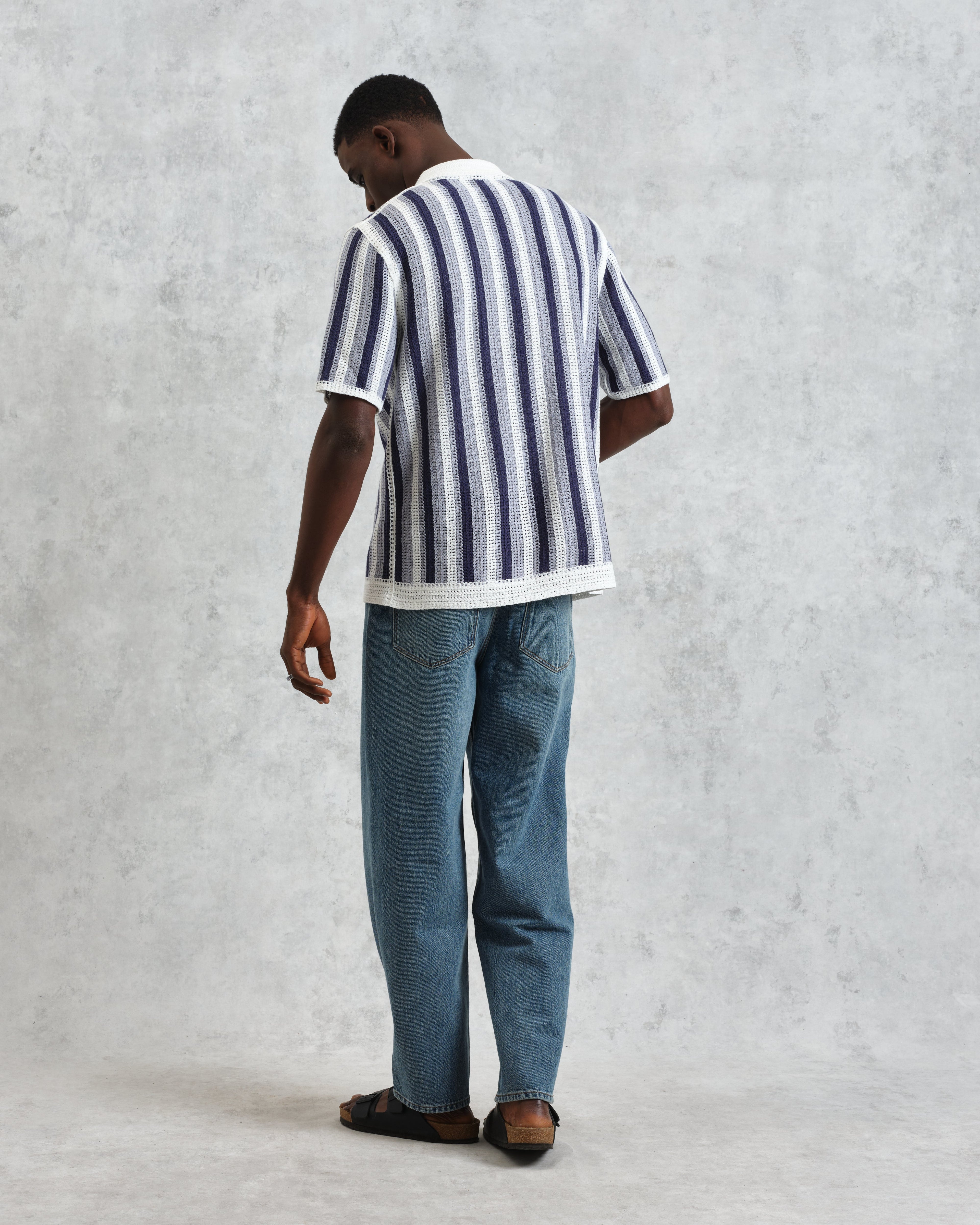 Porto - Blue And Ecru Stripe Crochet Knitted Polo Shirt