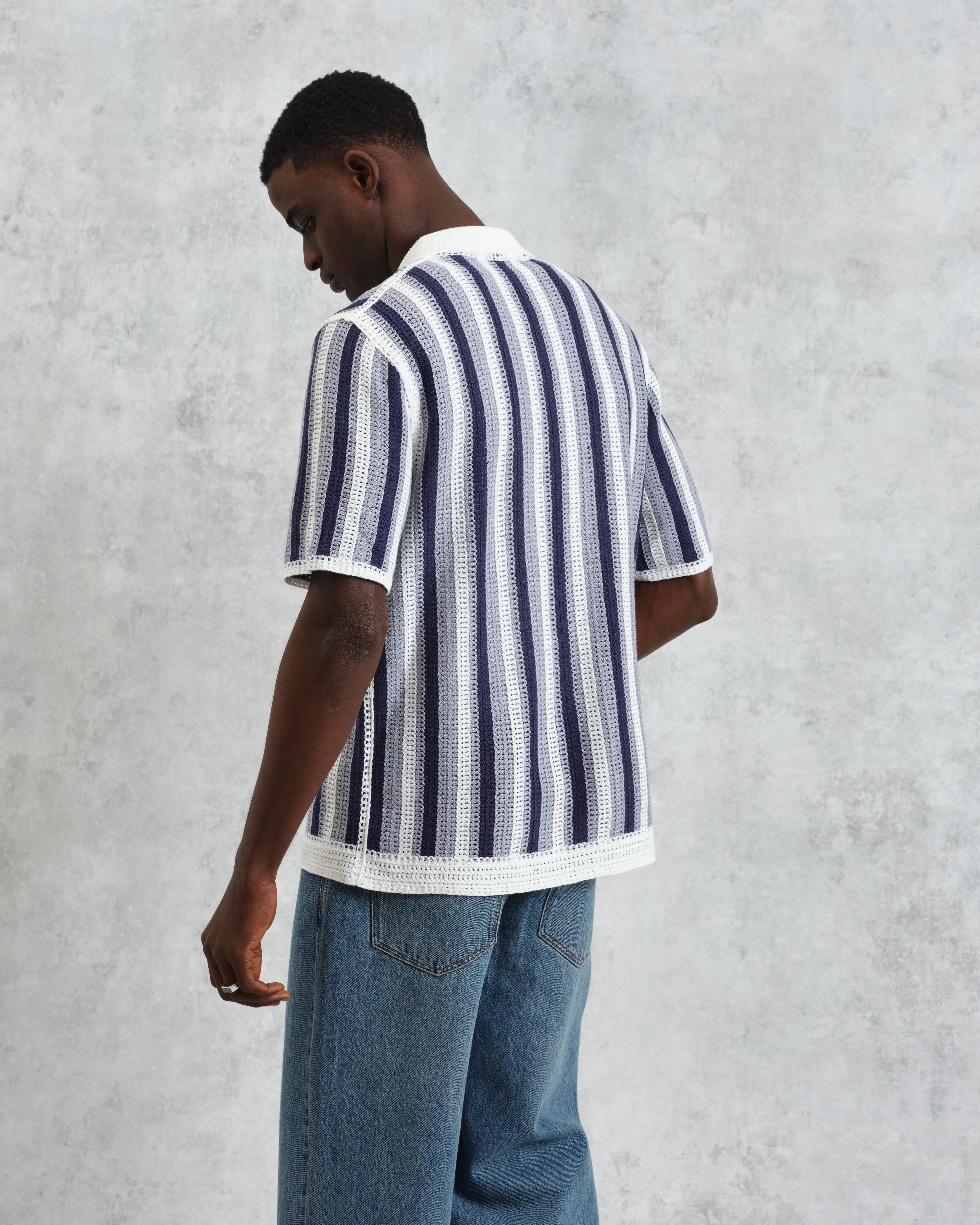 Porto - Blue And Ecru Stripe Crochet Knitted Polo Shirt