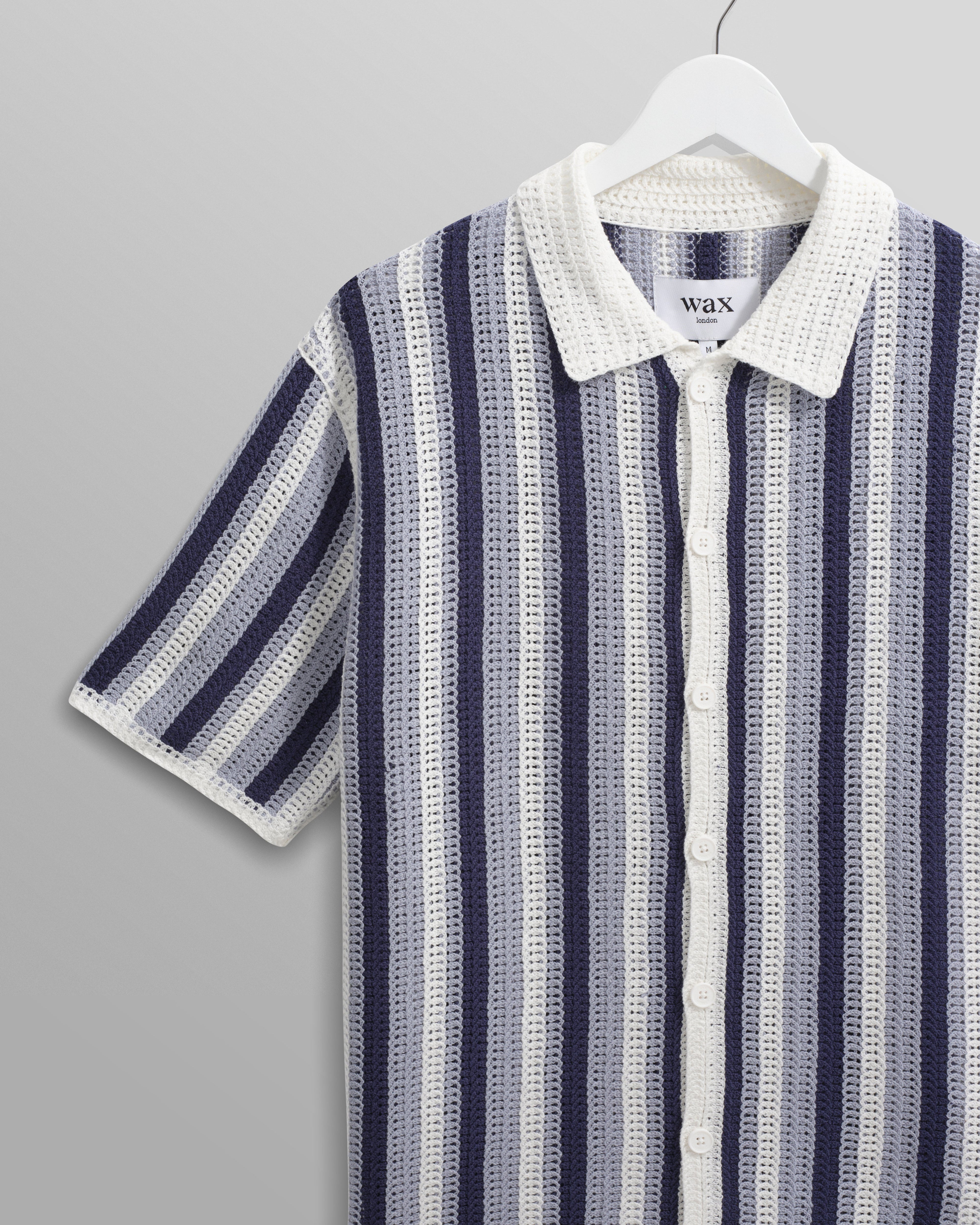 Porto - Blue And Ecru Stripe Crochet Knitted Polo Shirt