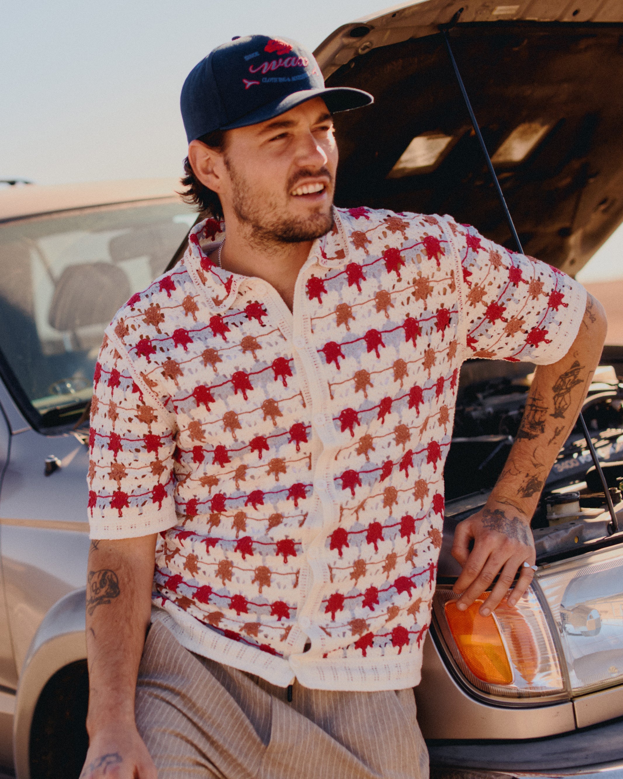 Porto - Ecru And Multicolour Splash Crochet Knitted Polo Shirt