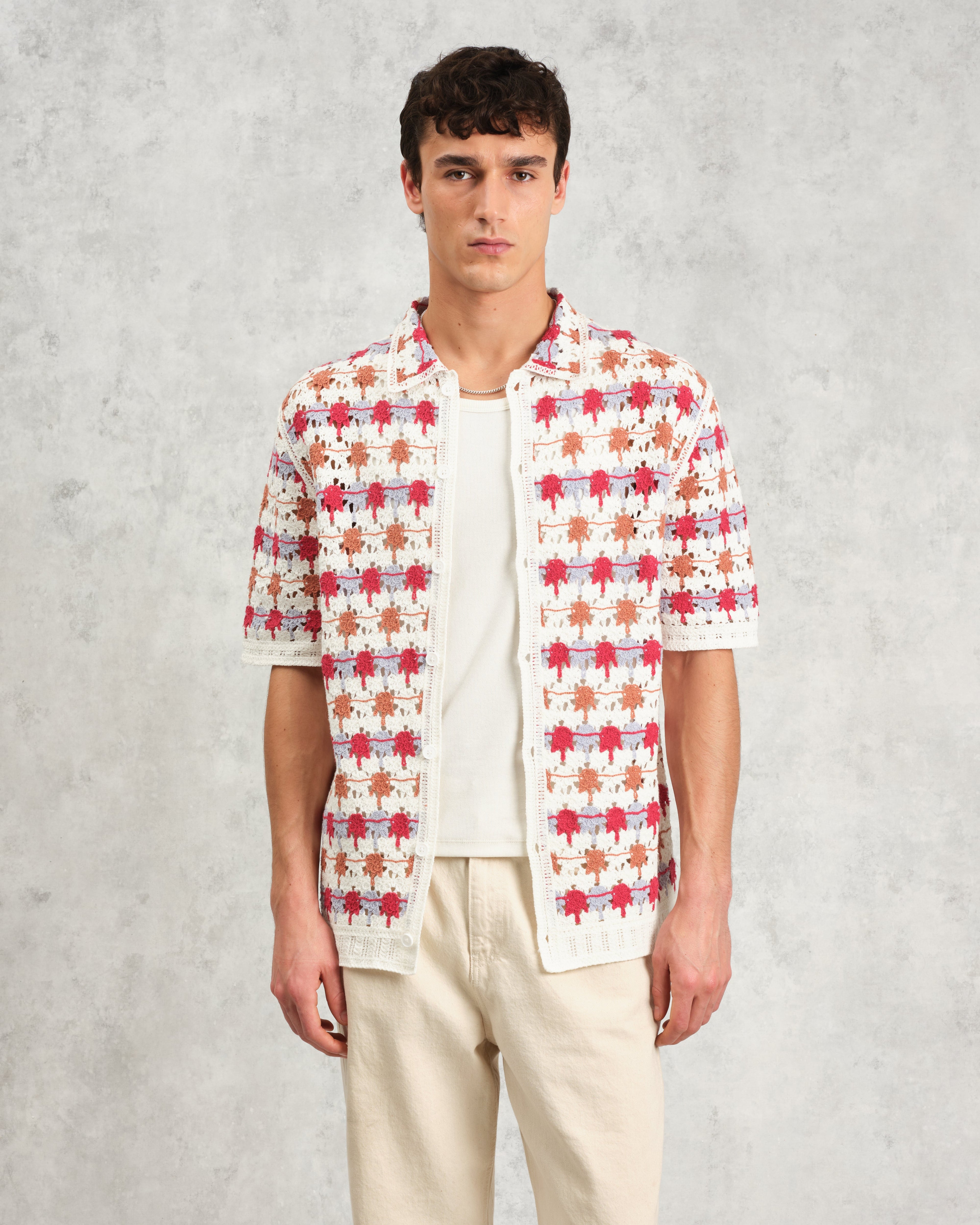 Porto - Ecru And Multicolour Splash Crochet Knitted Polo Shirt