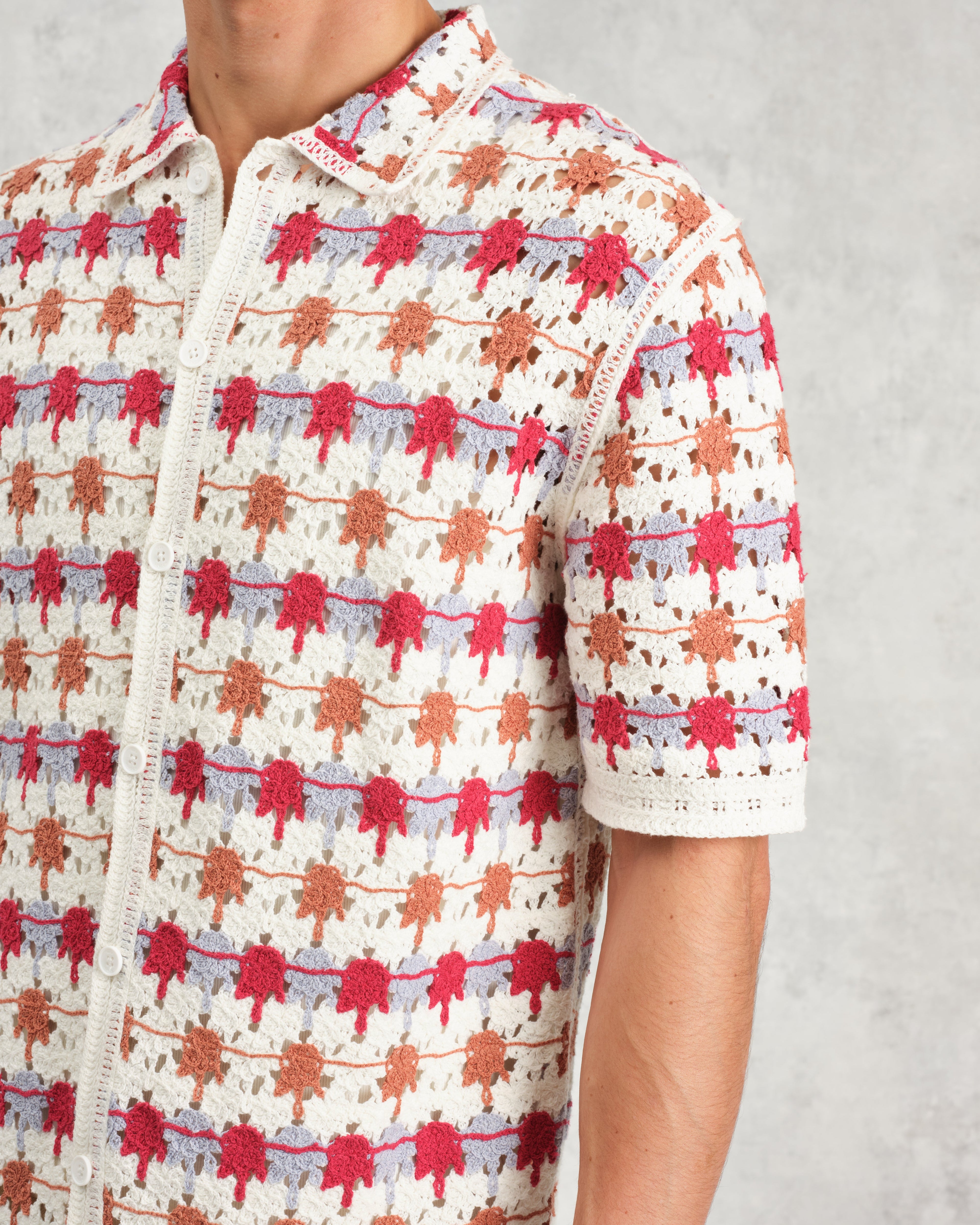 Porto - Ecru And Multicolour Splash Crochet Knitted Polo Shirt
