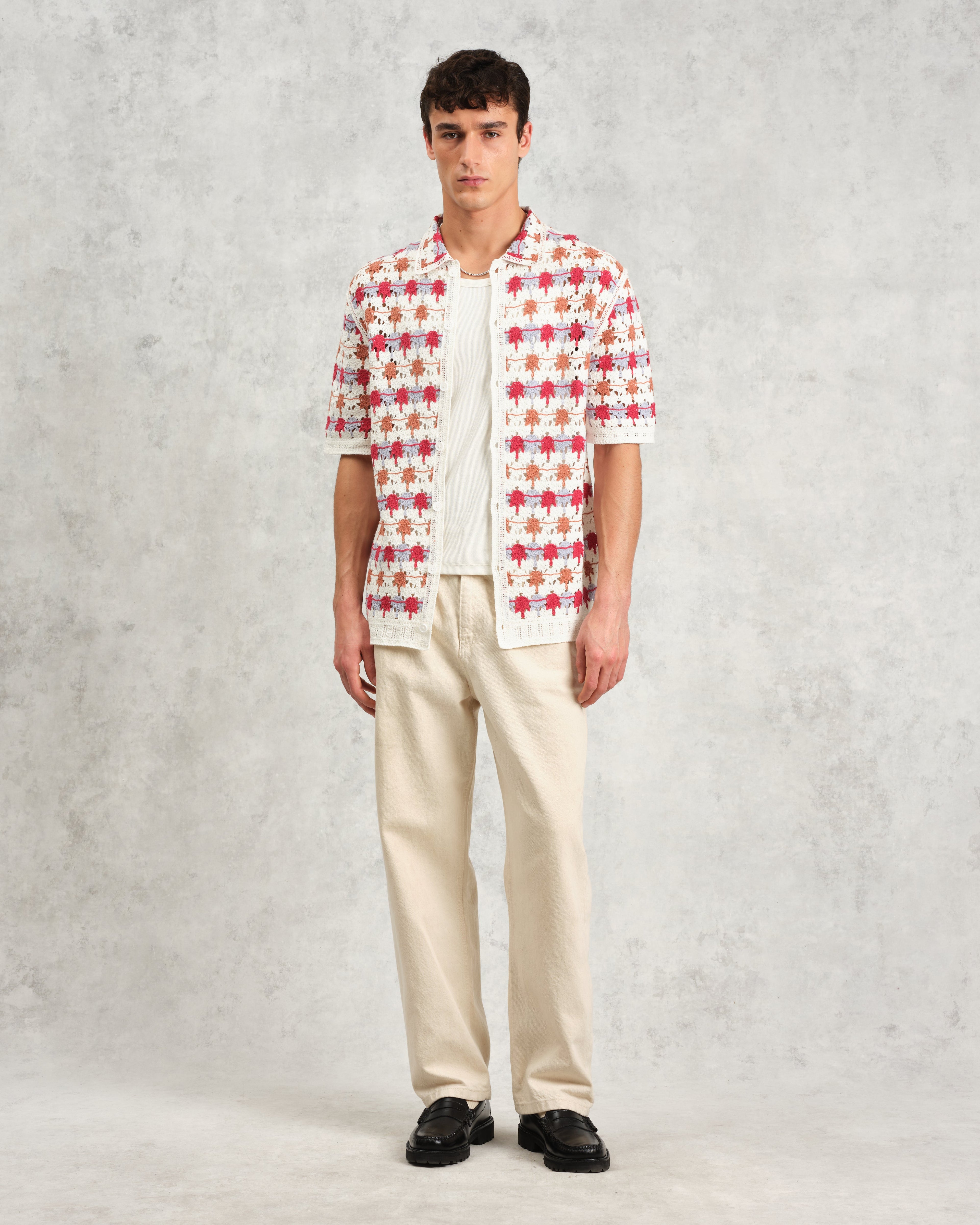 Porto - Ecru And Multicolour Splash Crochet Knitted Polo Shirt