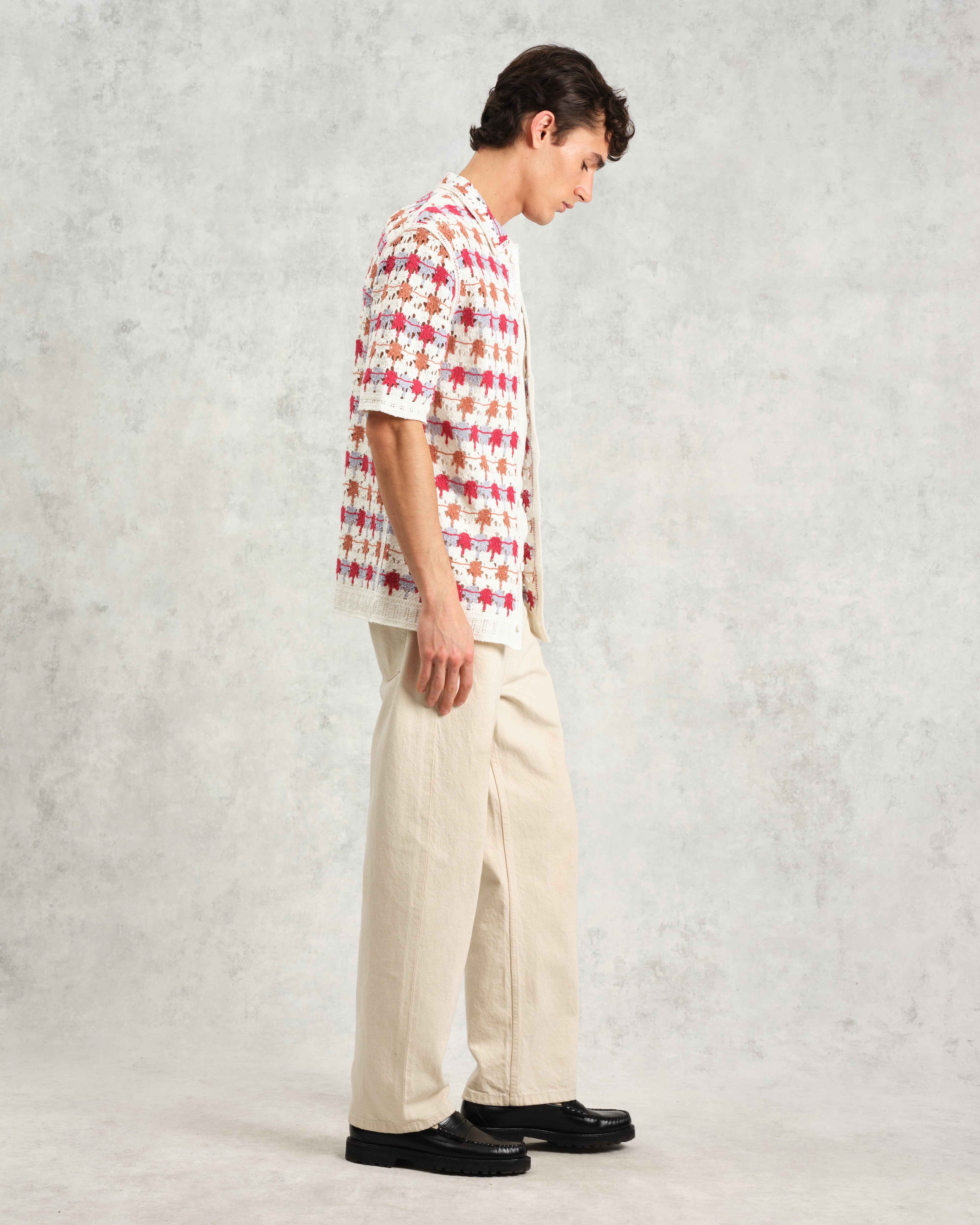 Porto - Ecru And Multicolour Splash Crochet Knitted Polo Shirt