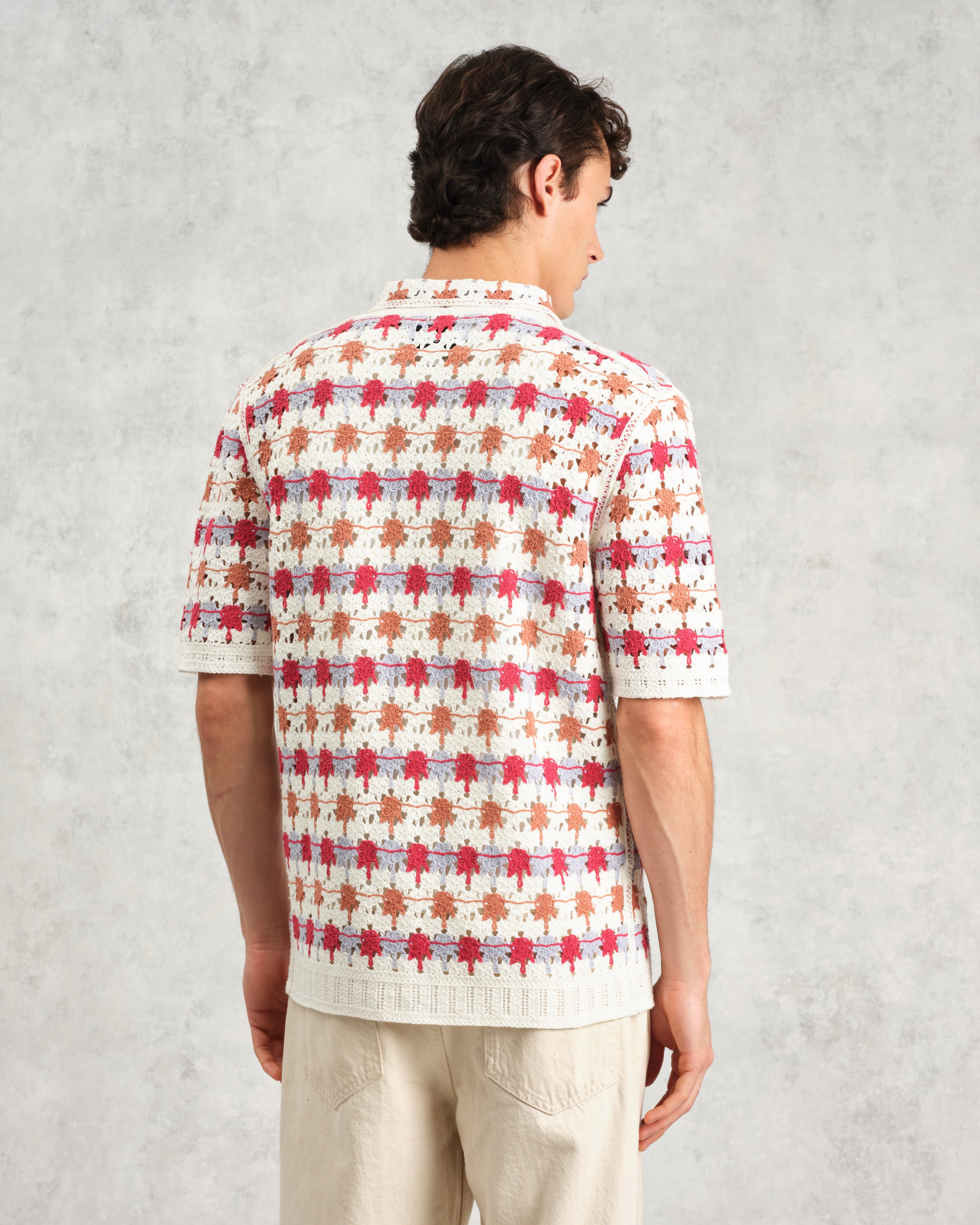 Porto - Ecru And Multicolour Splash Crochet Knitted Polo Shirt