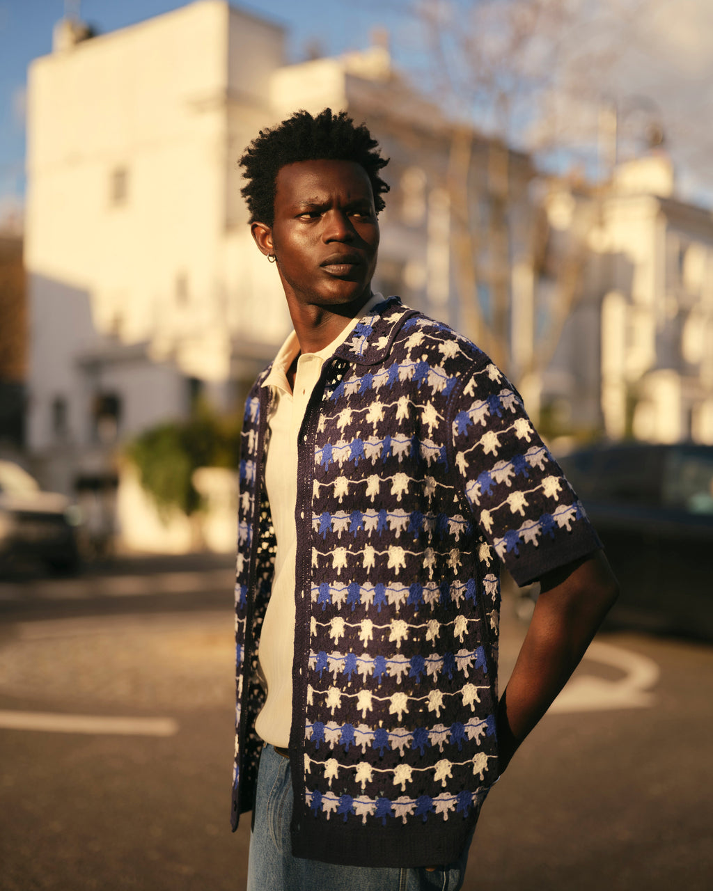 Porto - Navy Splash Crochet Knitted Polo Shirt