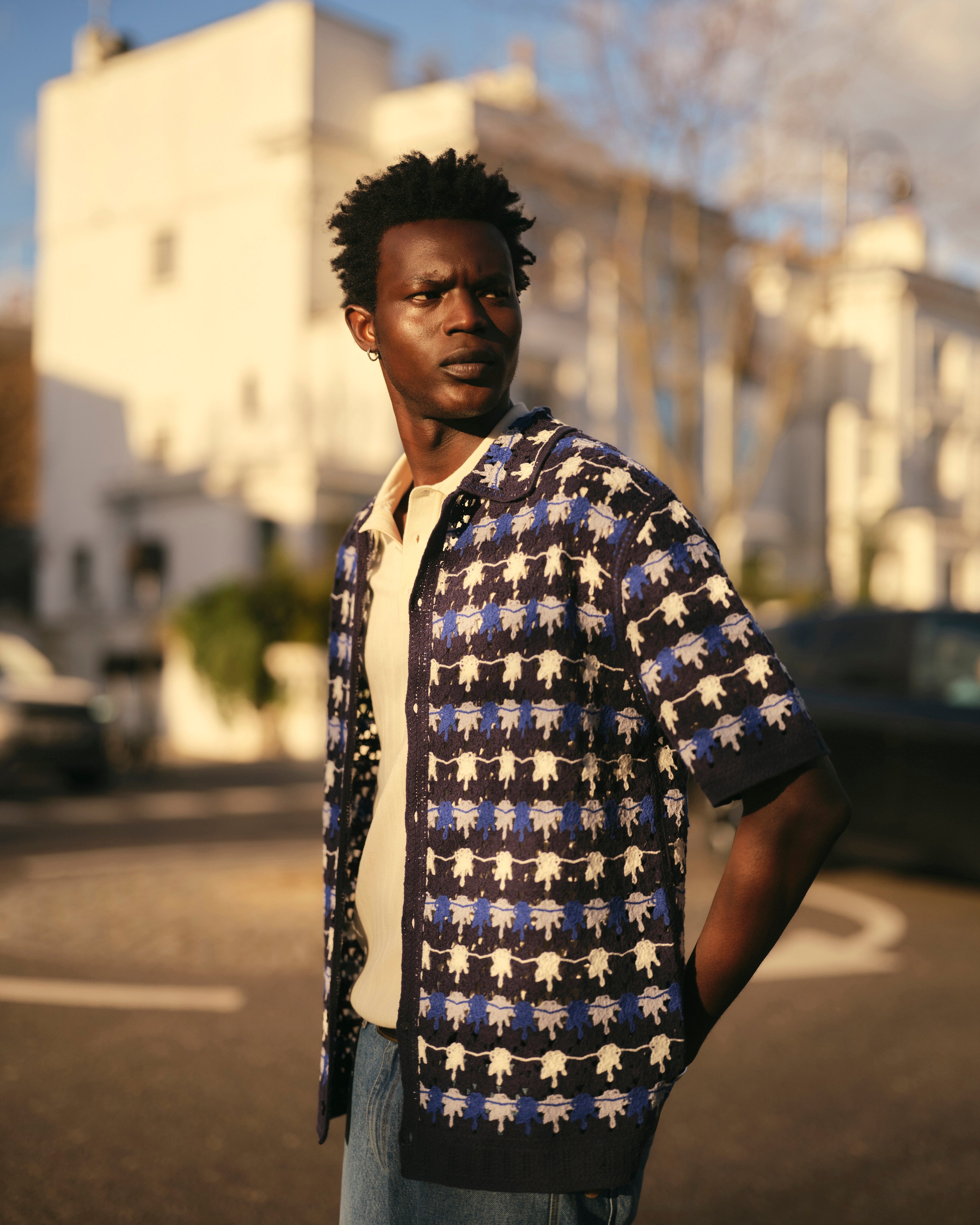 Porto - Navy Splash Crochet Knitted Polo Shirt