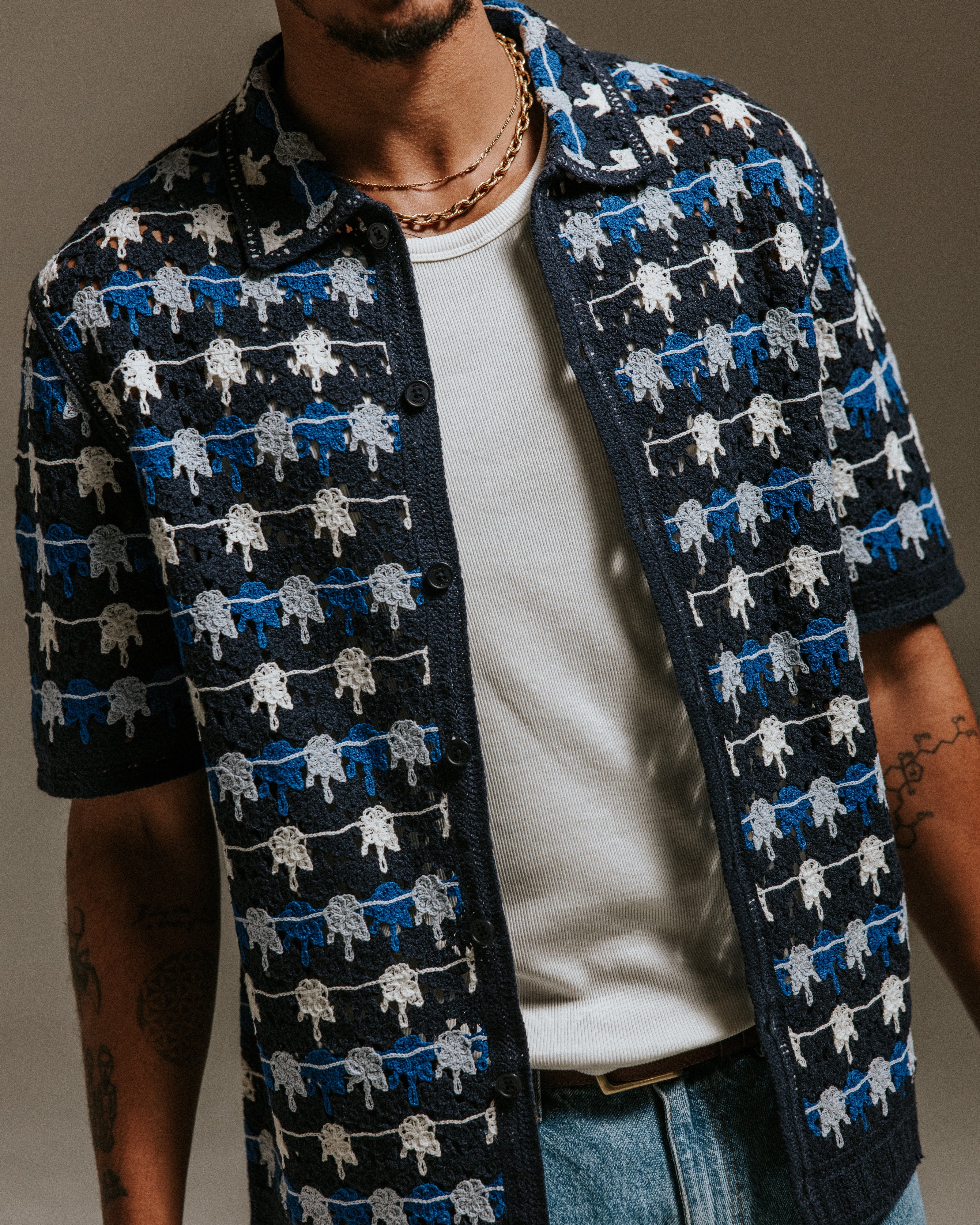 Porto - Navy Splash Crochet Knitted Polo Shirt