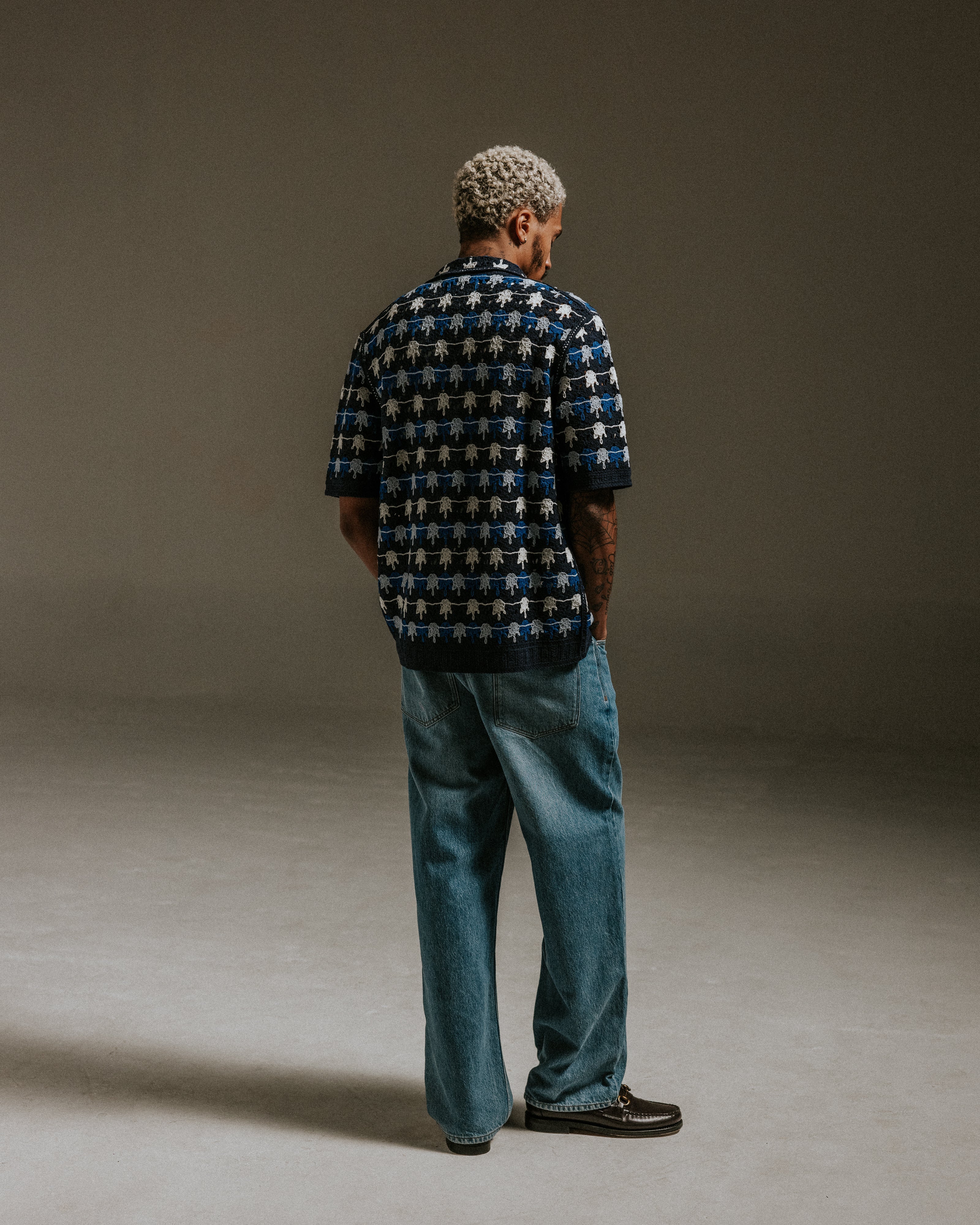 Porto - Navy Splash Crochet Knitted Polo Shirt