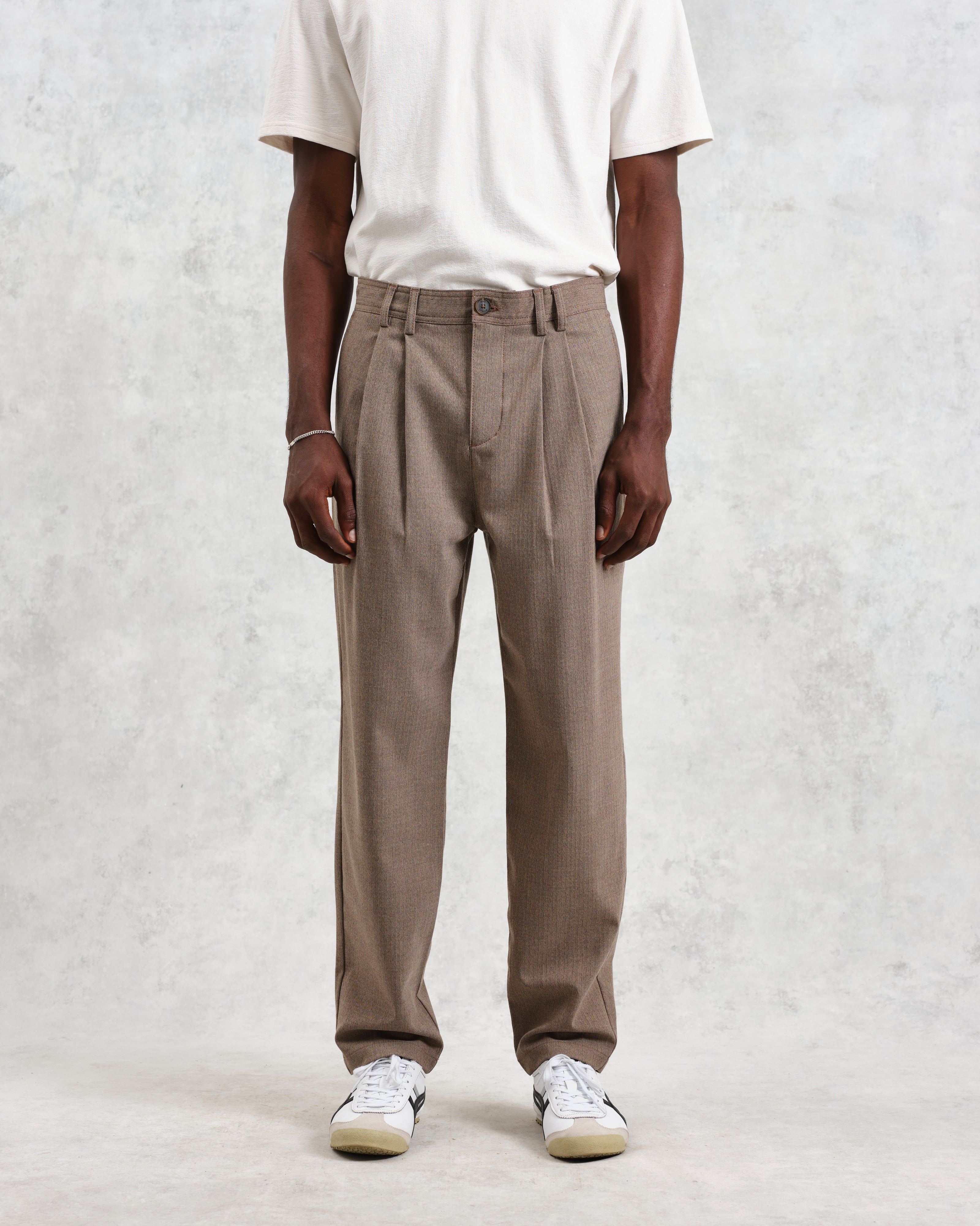 Raleigh - Light Brown Herringbone Pleated Trousers