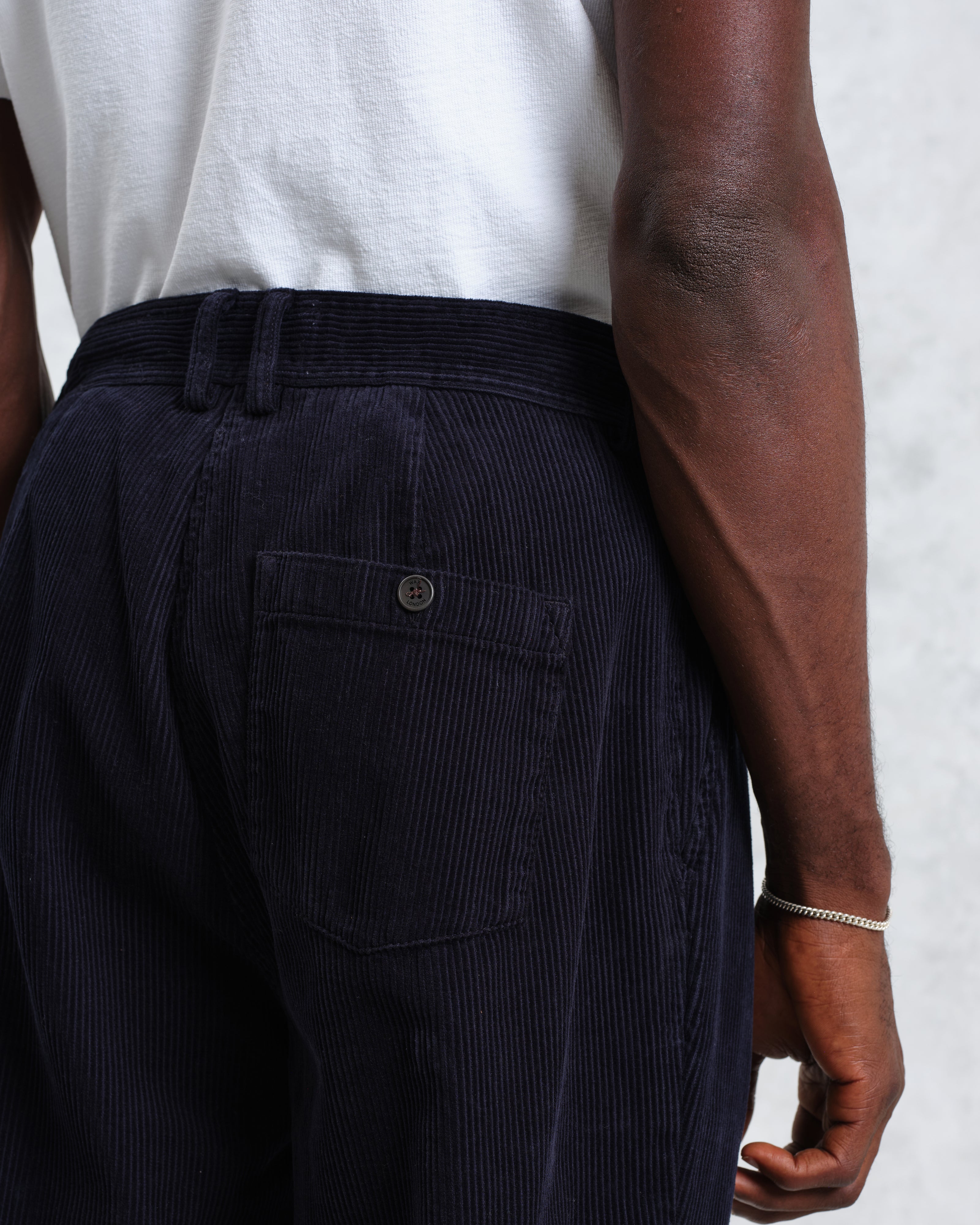 Raleigh - Navy Corduroy Pleated Trousers