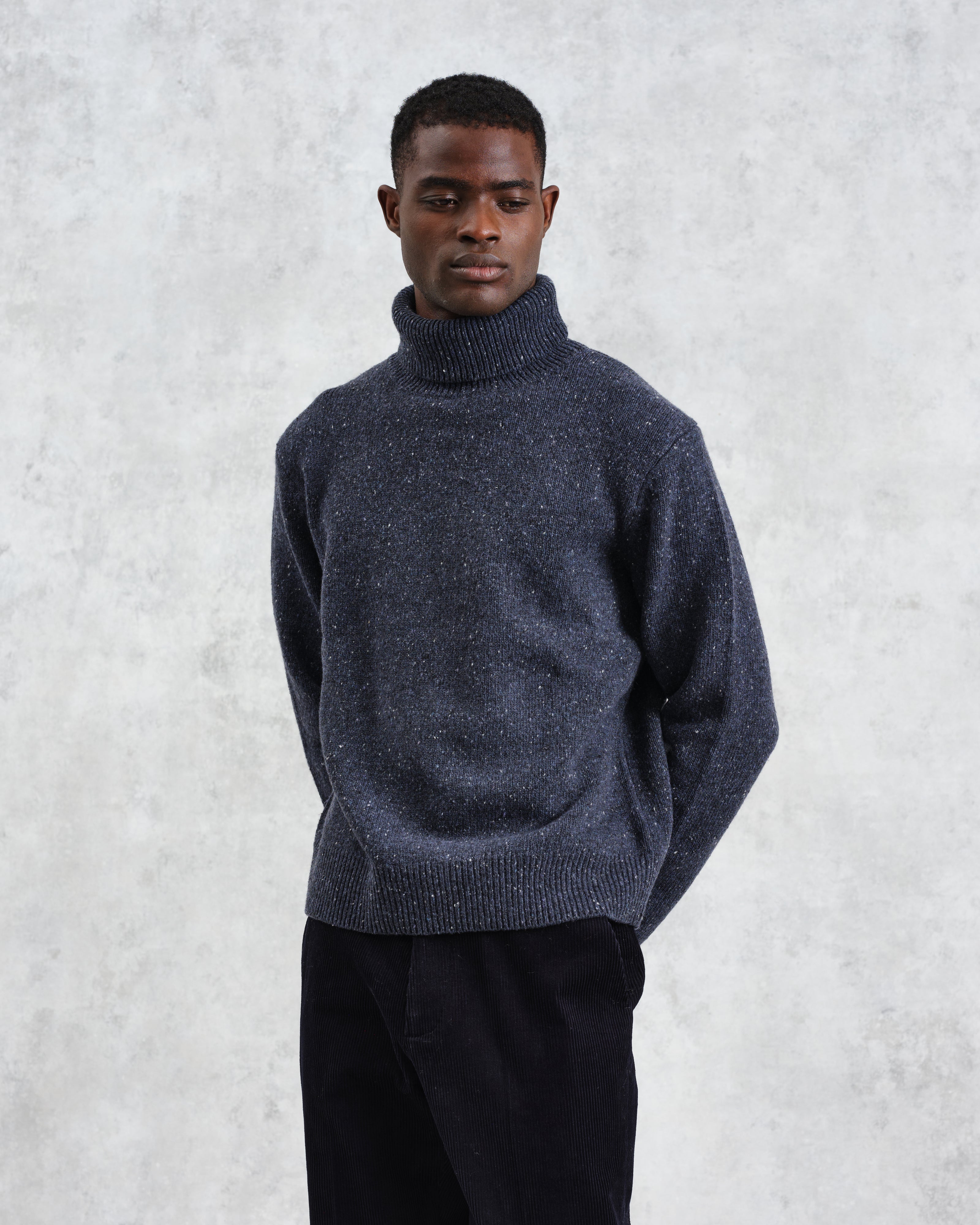 Ridgeway - Petrol Blue Donegal Roll Neck Jumper