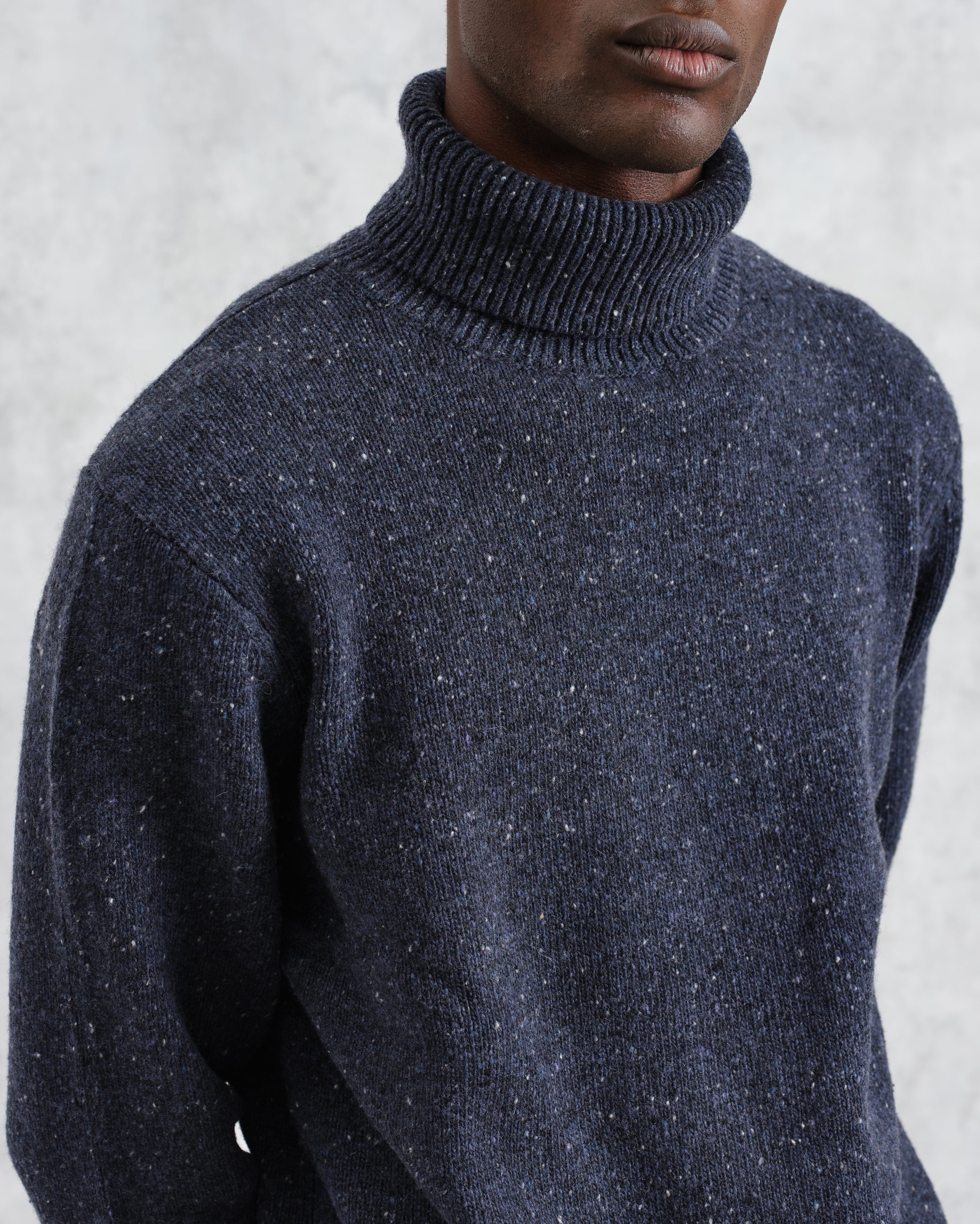 Ridgeway - Petrol Blue Donegal Roll Neck Jumper