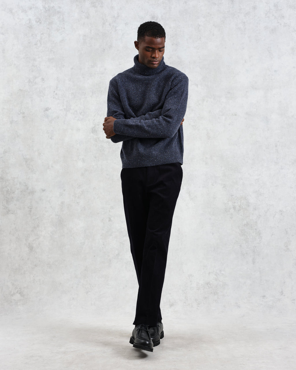 Ridgeway - Petrol Blue Donegal Roll Neck Jumper