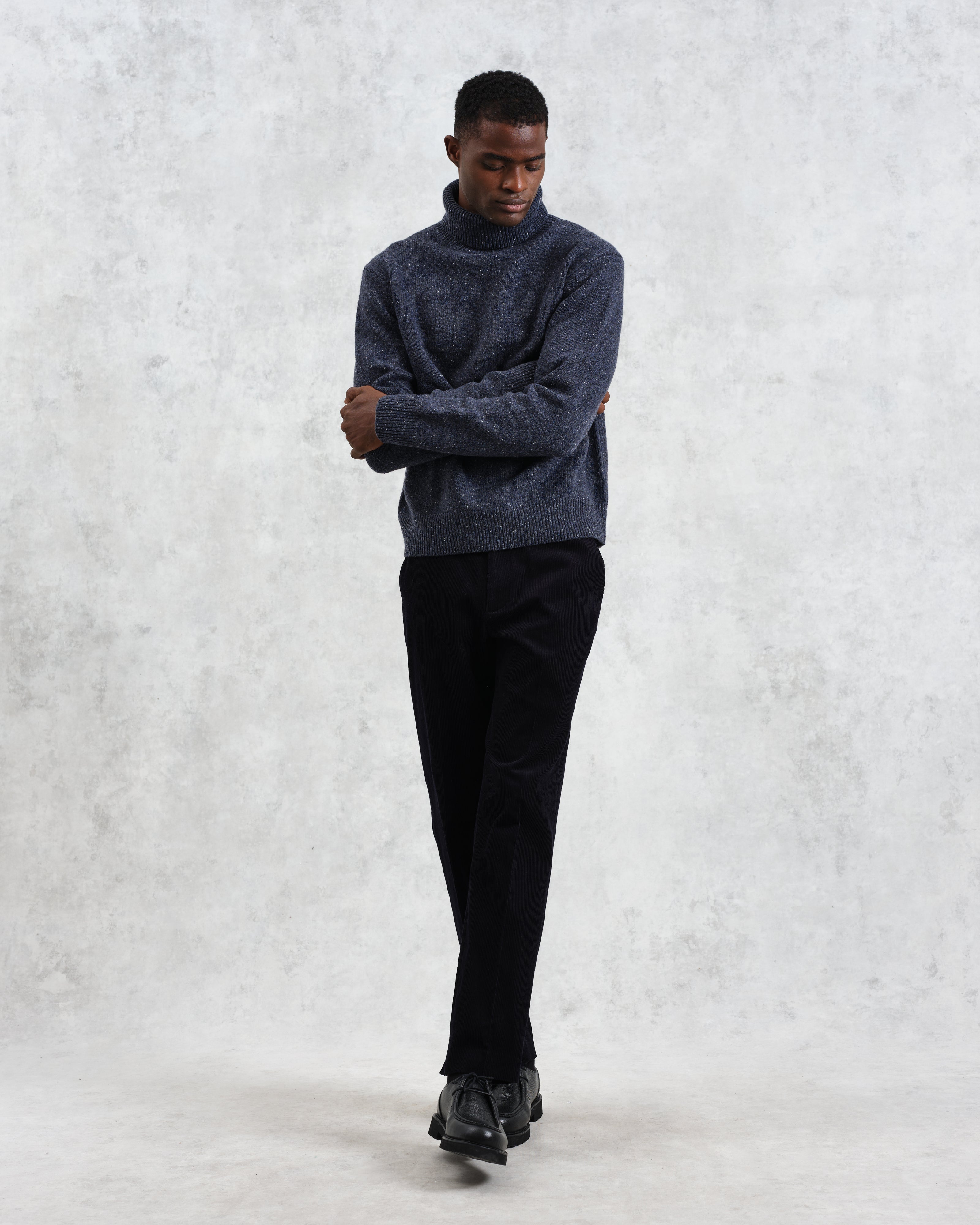 Ridgeway - Petrol Blue Donegal Roll Neck Jumper