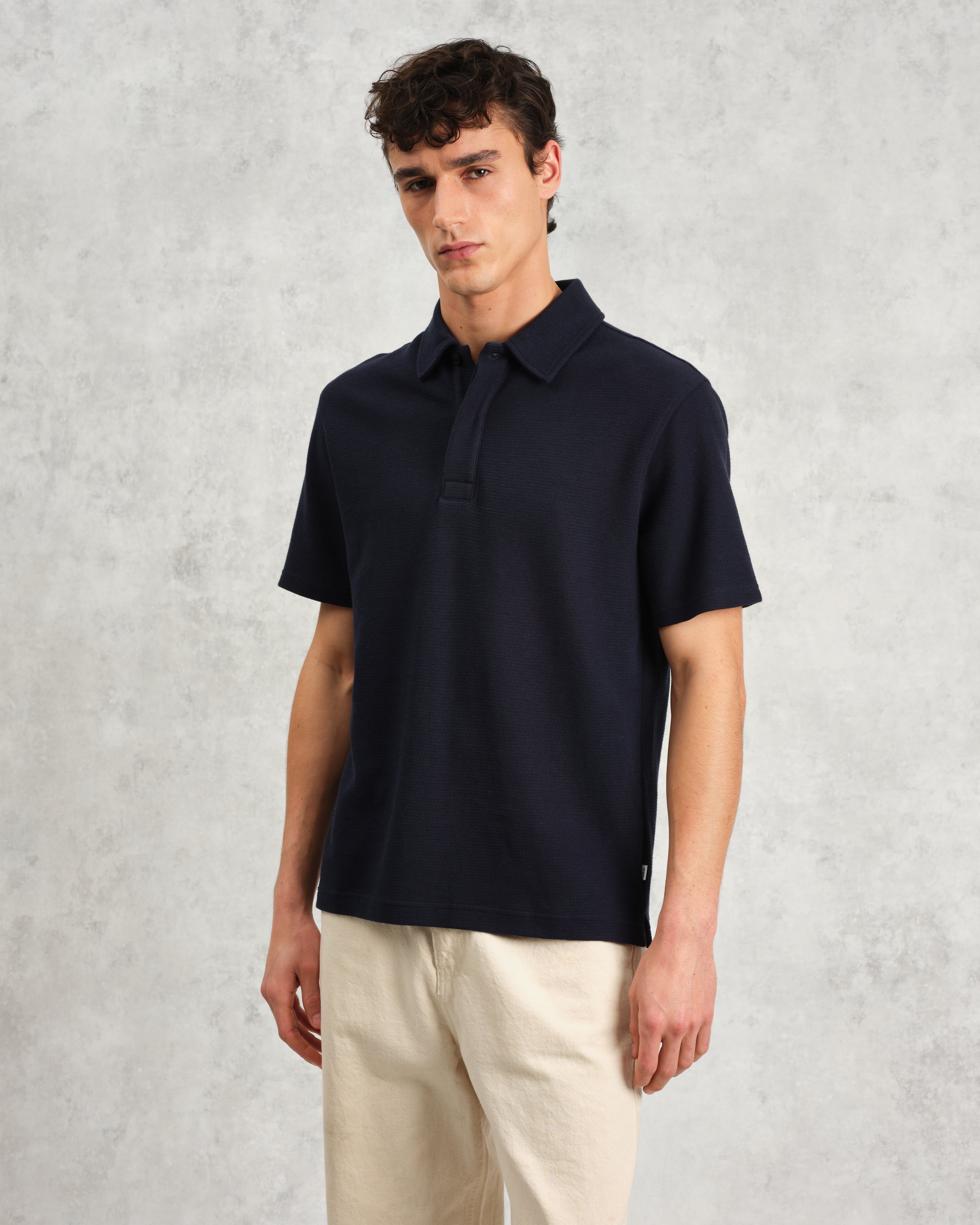 Shore - Navy Textured Organic Cotton Polo Shirt