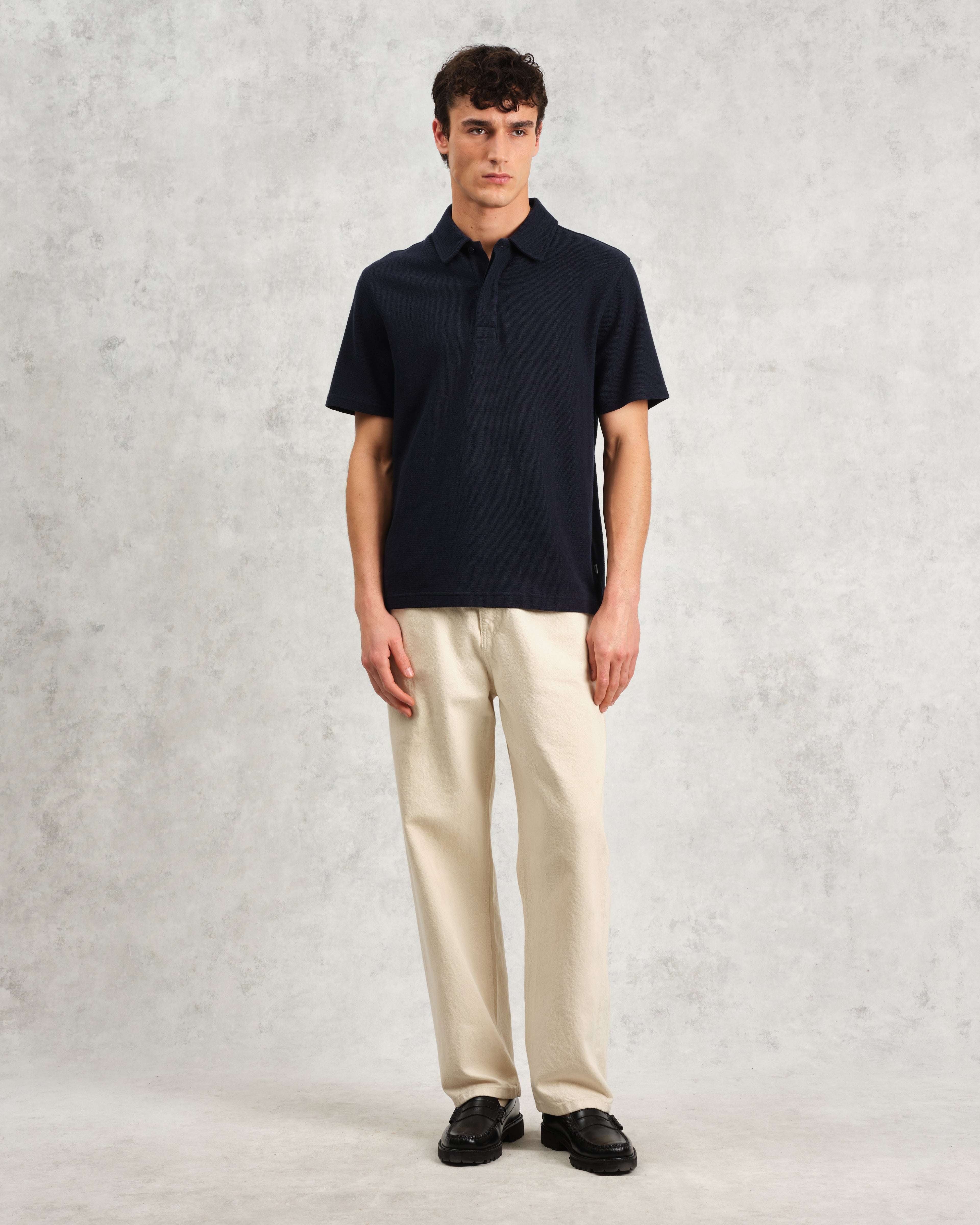 Shore - Navy Textured Organic Cotton Polo Shirt