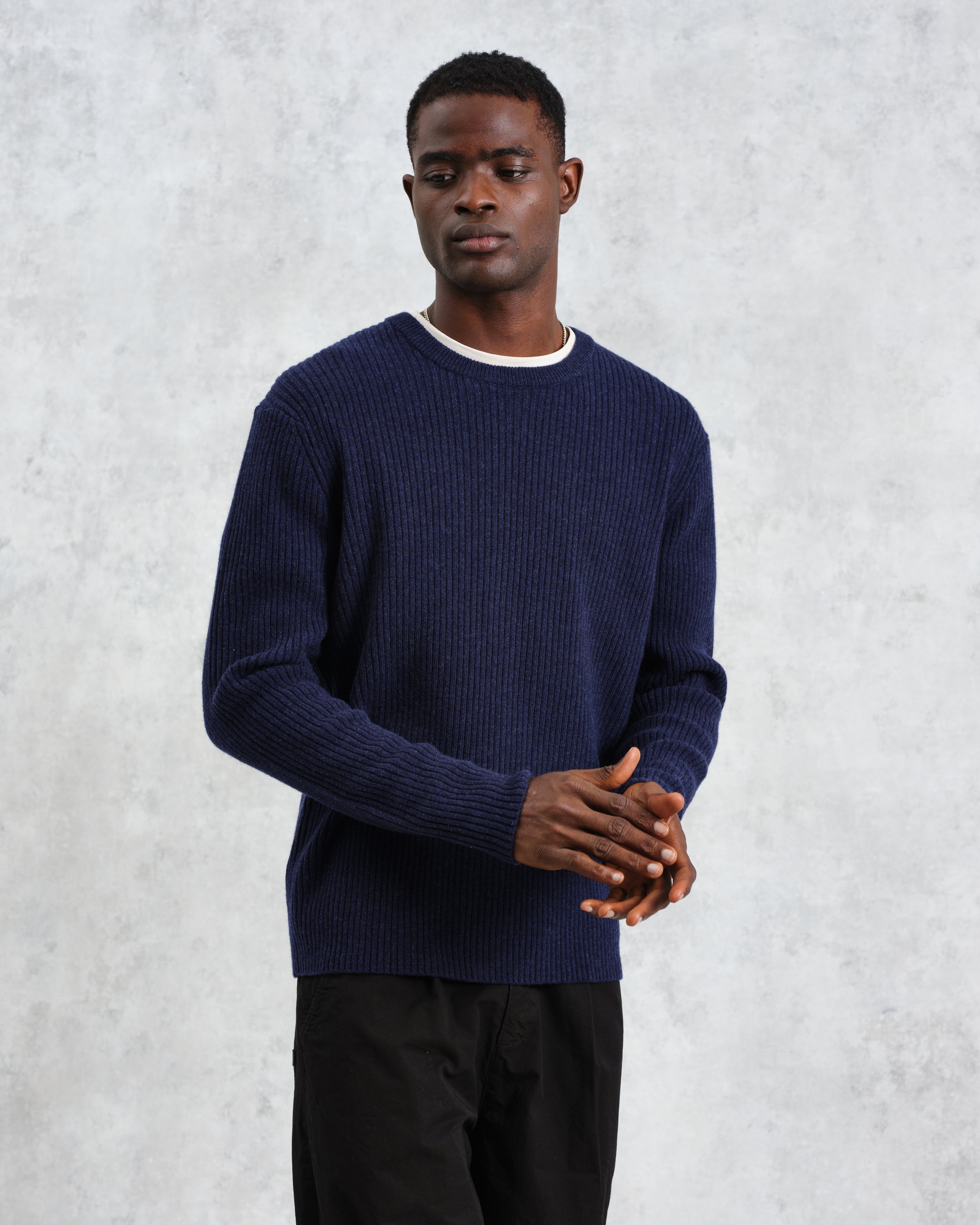 Stanley - Navy Rib-Knit Wool Jumper