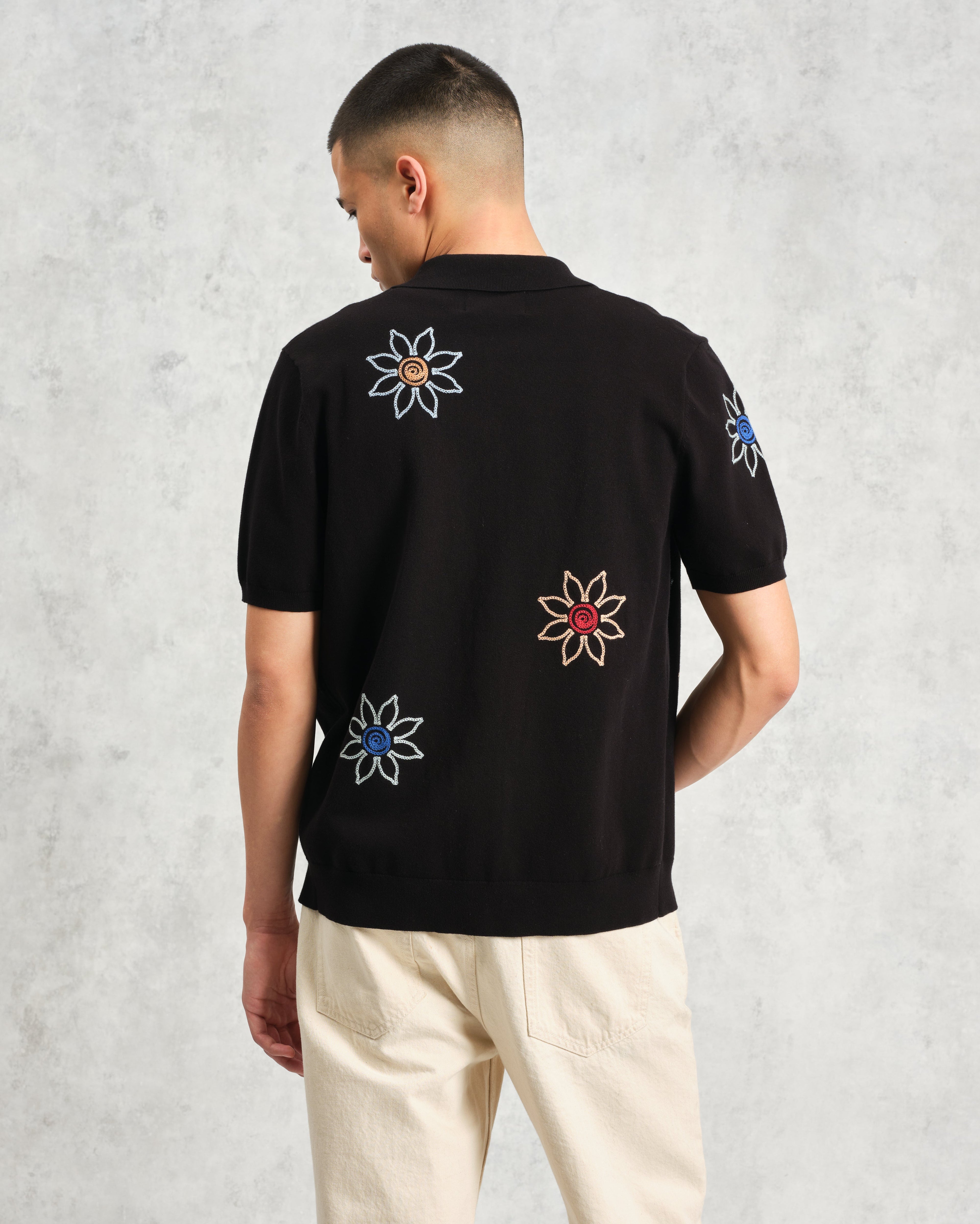 Tellaro - Black Embroidered Knitted Cotton Polo
