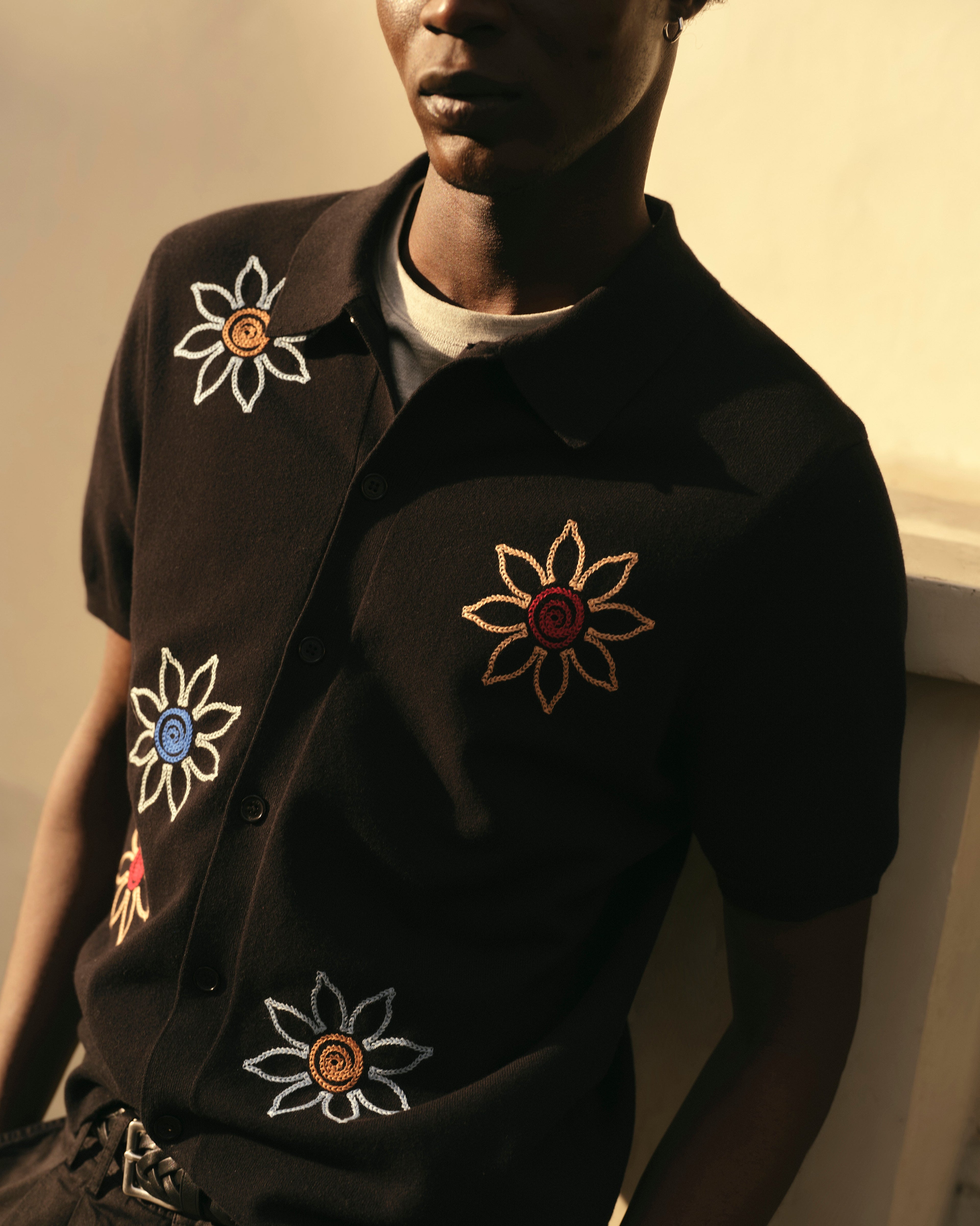Tellaro - Black Embroidered Knitted Cotton Polo