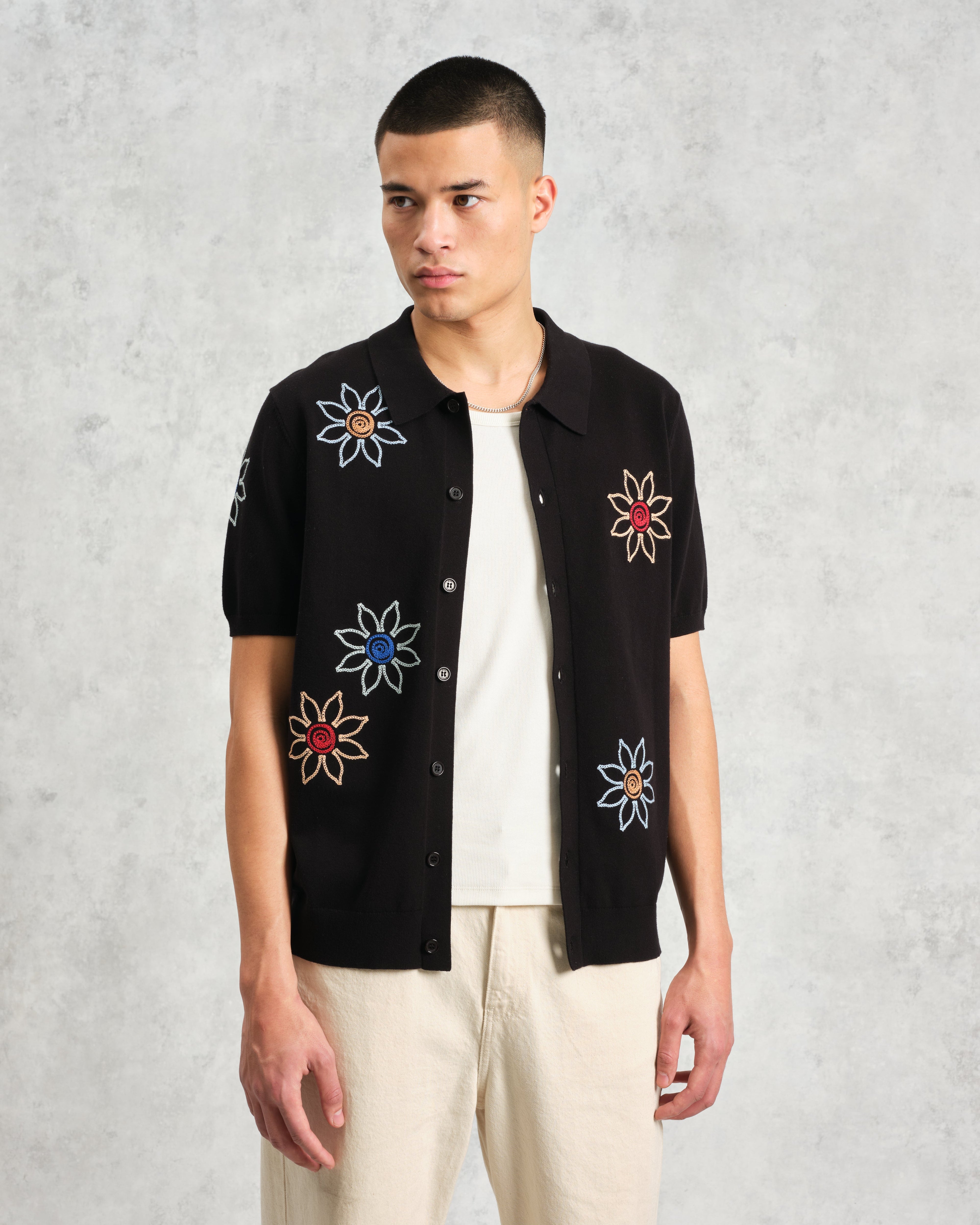 Tellaro - Black Embroidered Knitted Cotton Polo