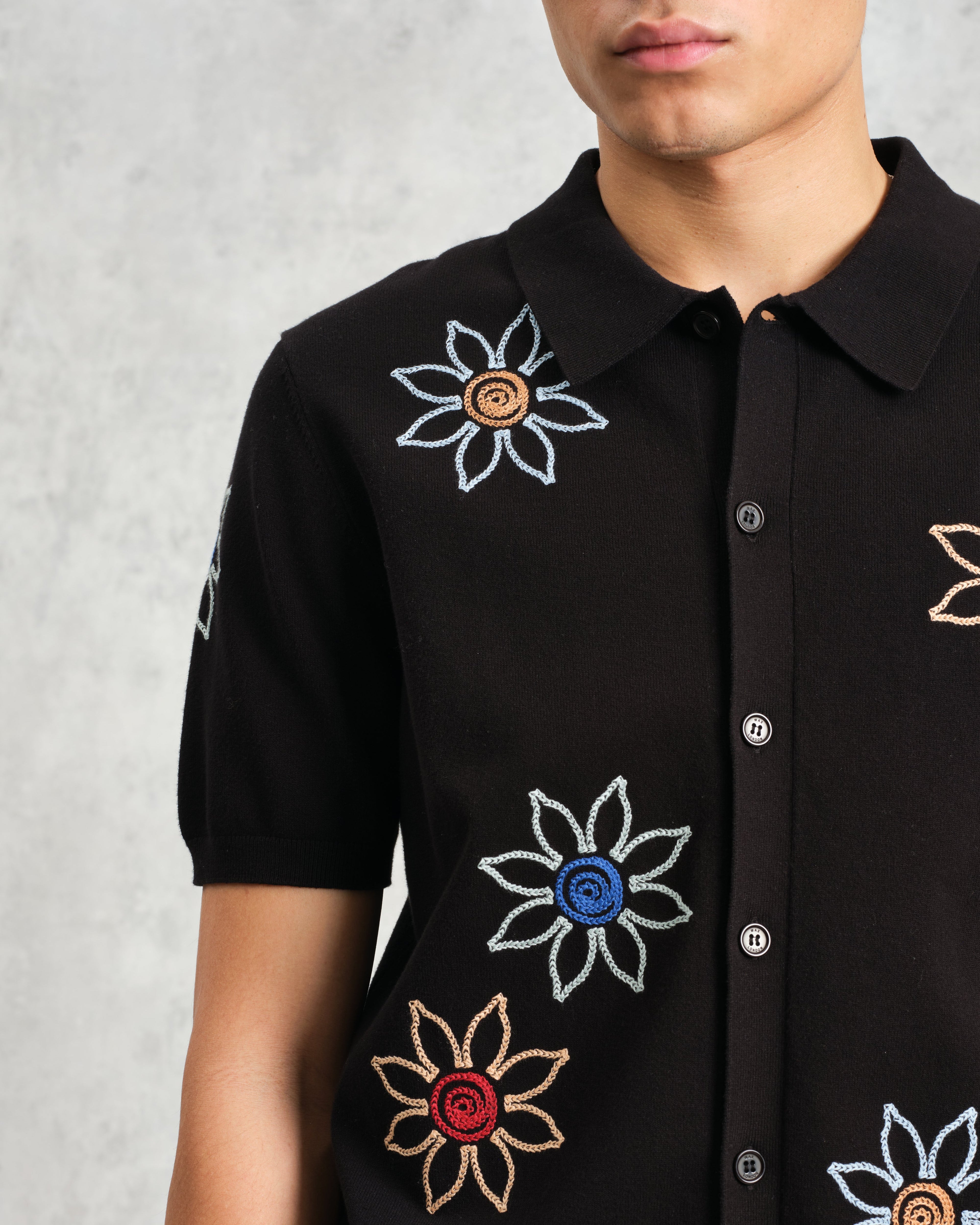 Tellaro - Black Embroidered Knitted Cotton Polo