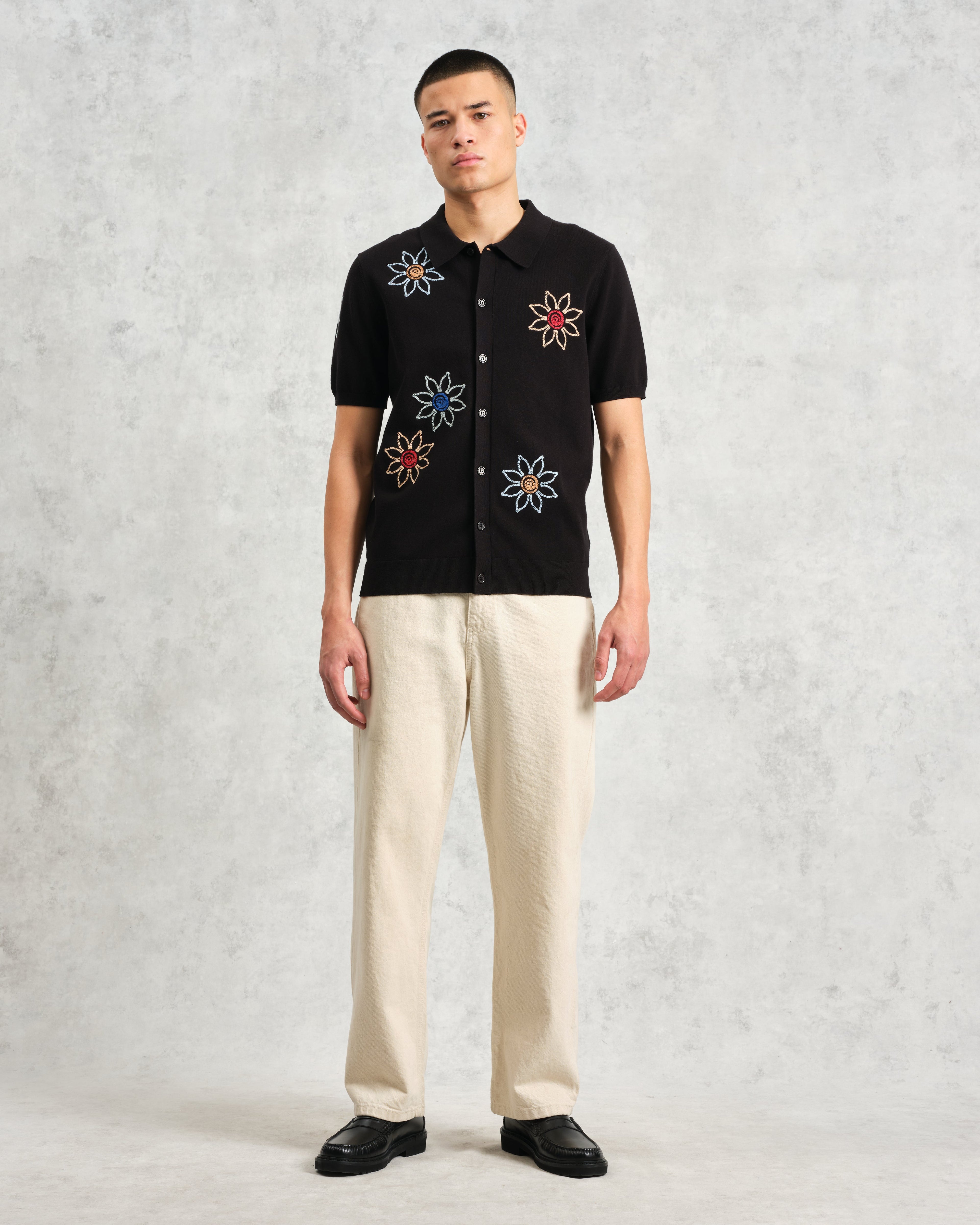 Tellaro - Black Embroidered Knitted Cotton Polo