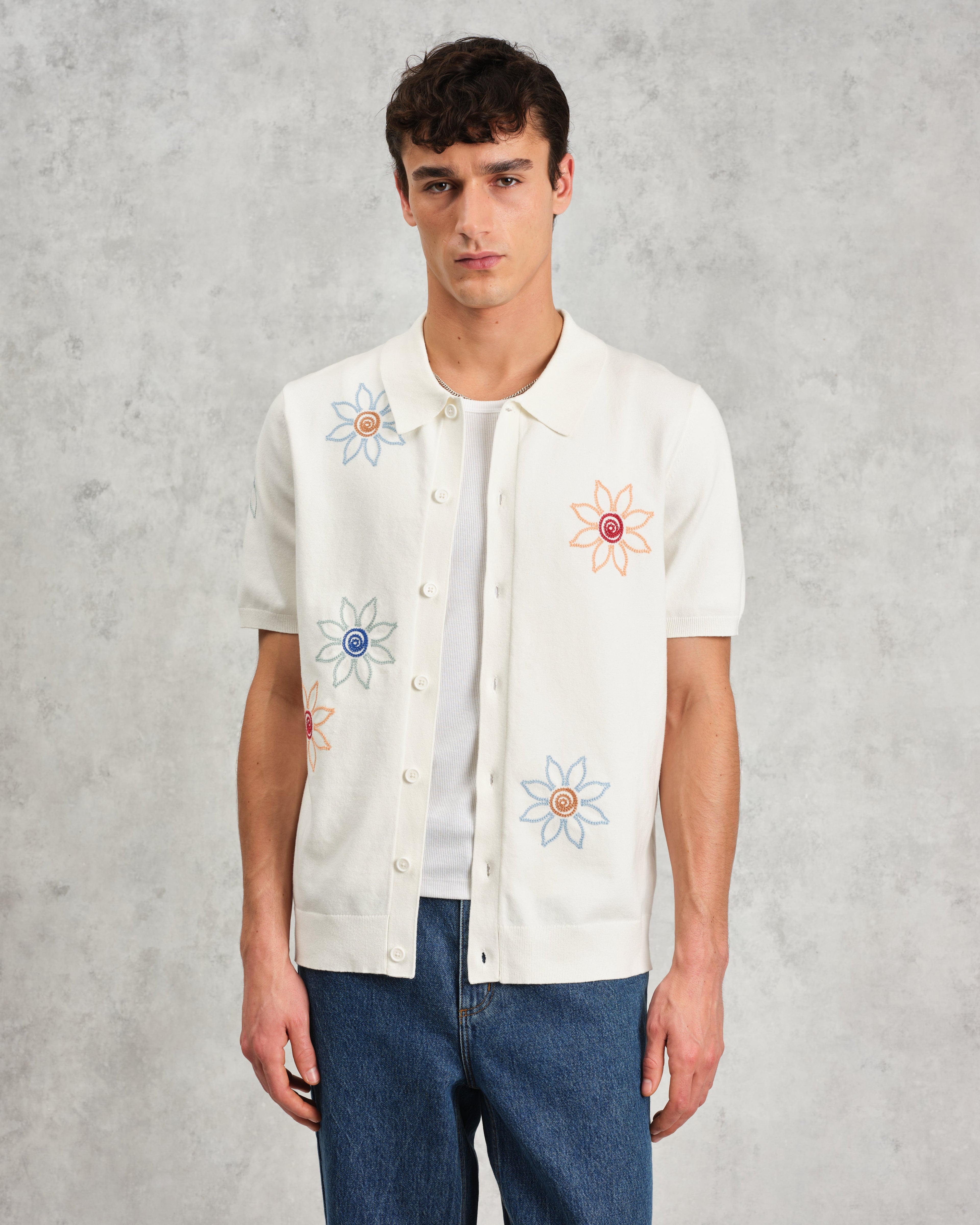 Tellaro - Ecru Embroidered Knitted Cotton Polo Shirt