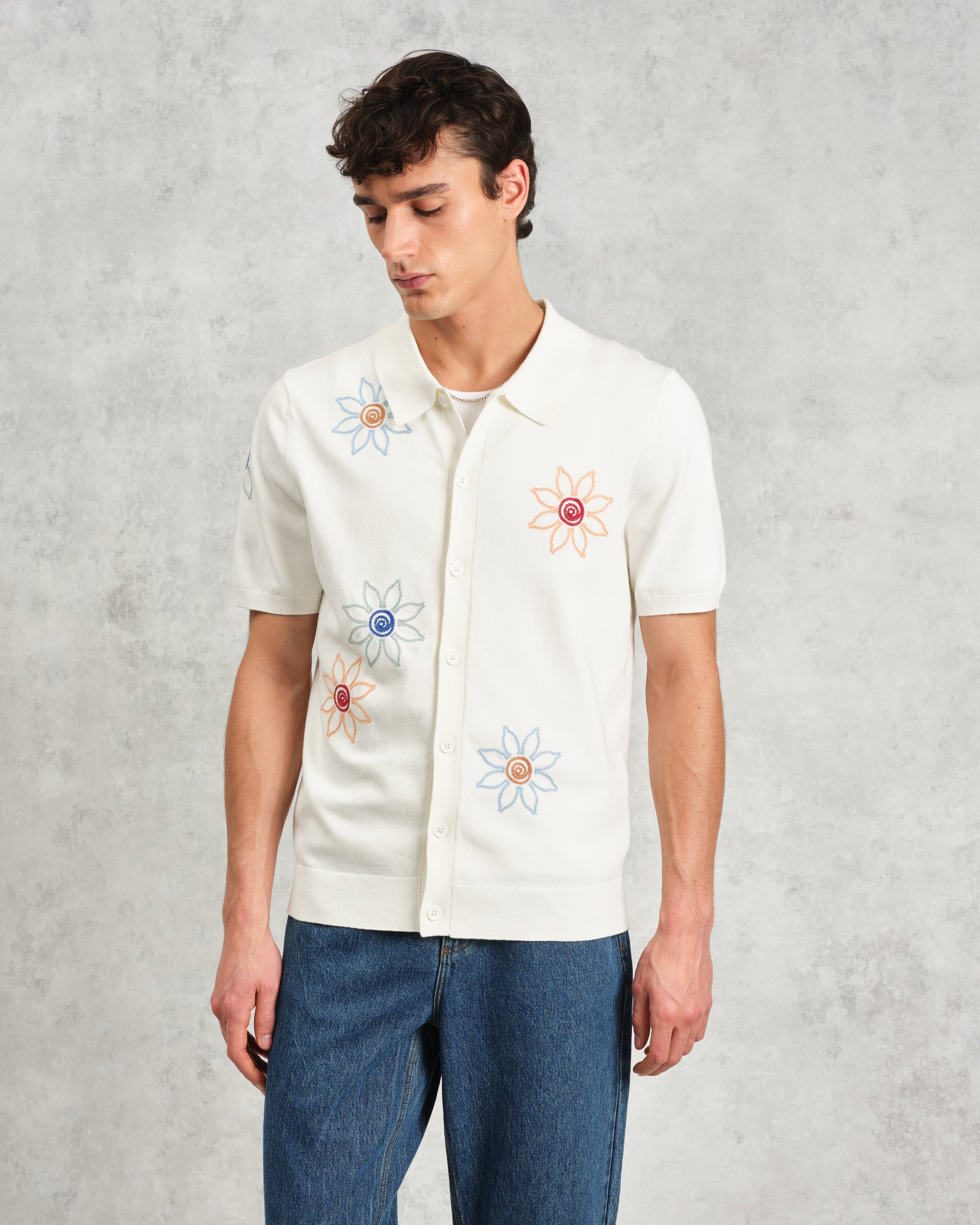 Tellaro - Ecru Embroidered Knitted Cotton Polo Shirt
