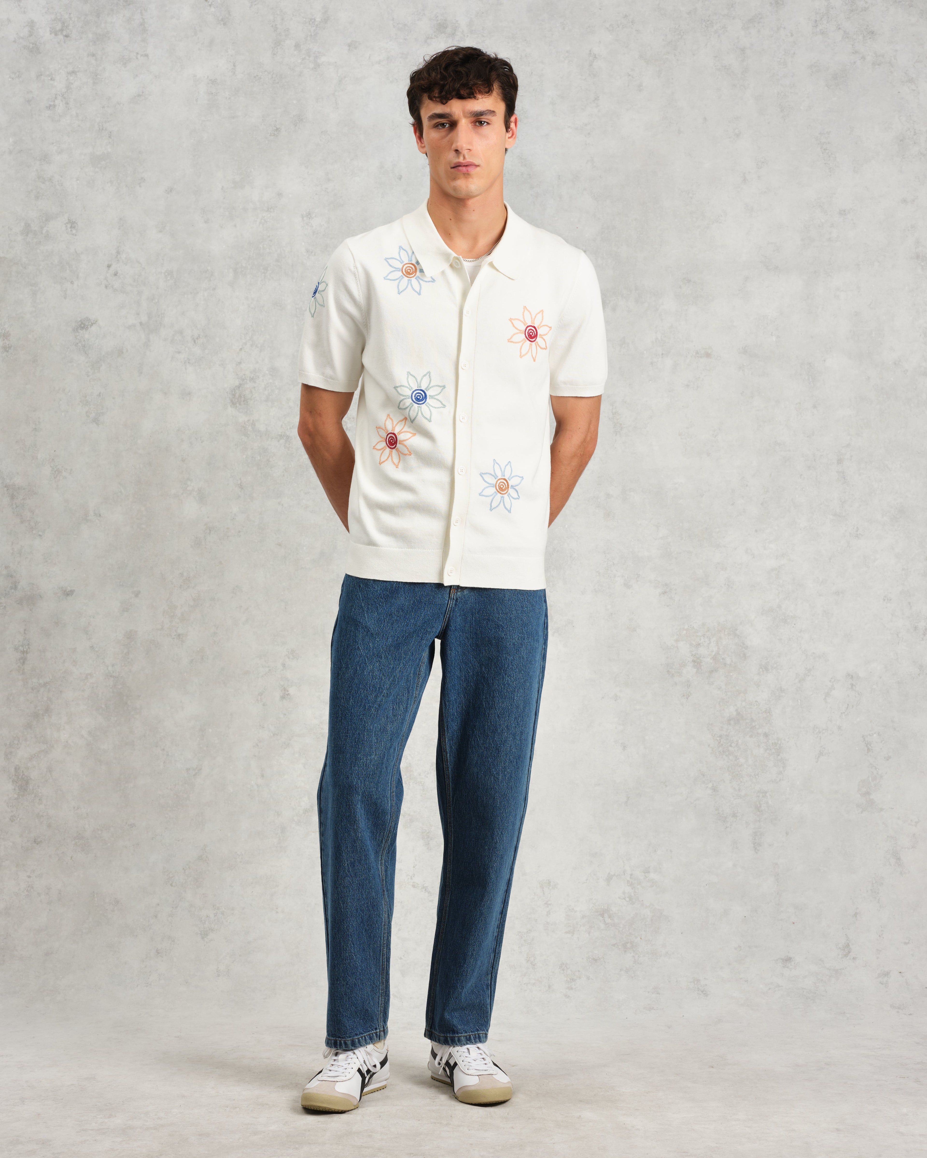Tellaro - Ecru Embroidered Knitted Cotton Polo Shirt
