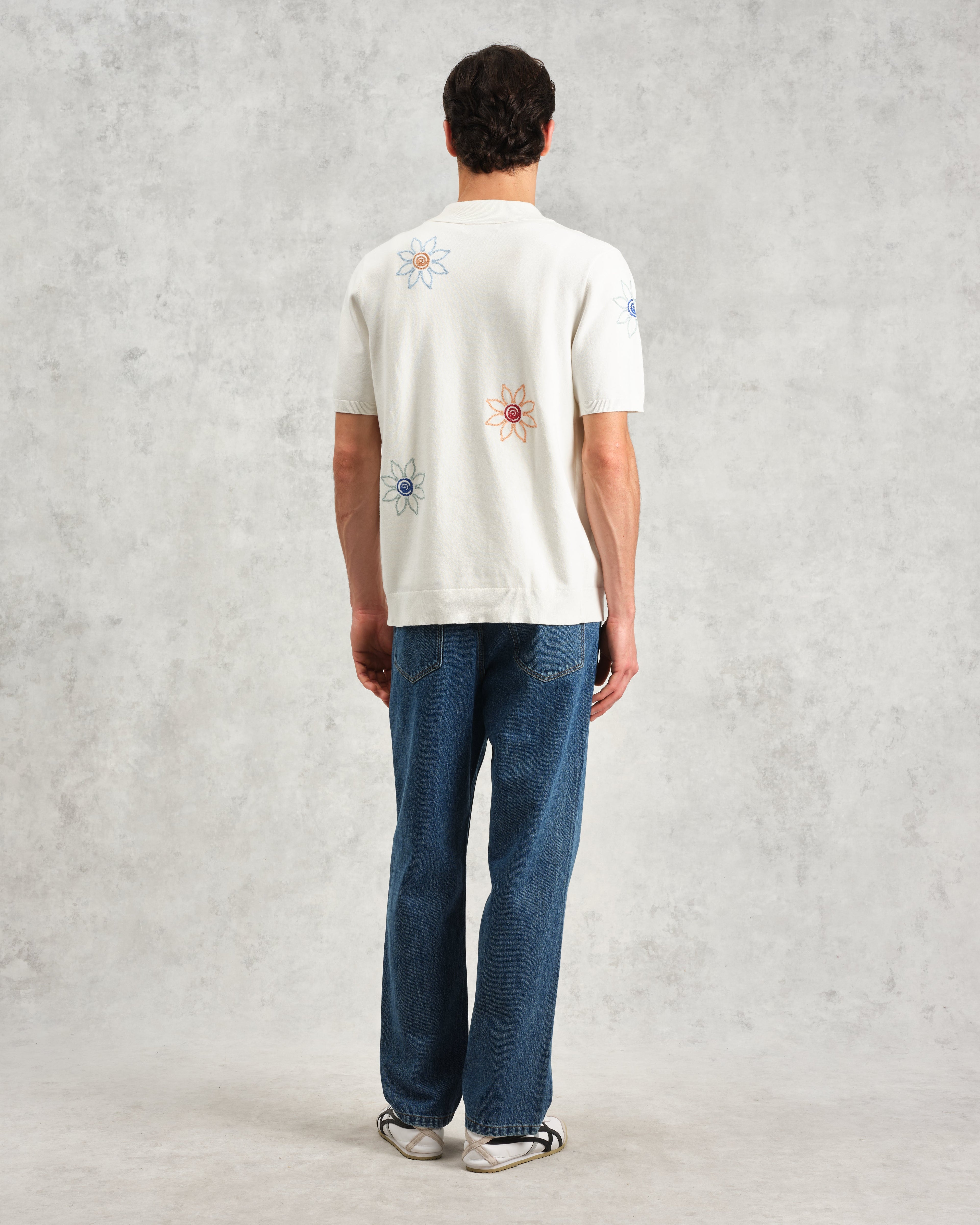Tellaro - Ecru Embroidered Knitted Cotton Polo Shirt