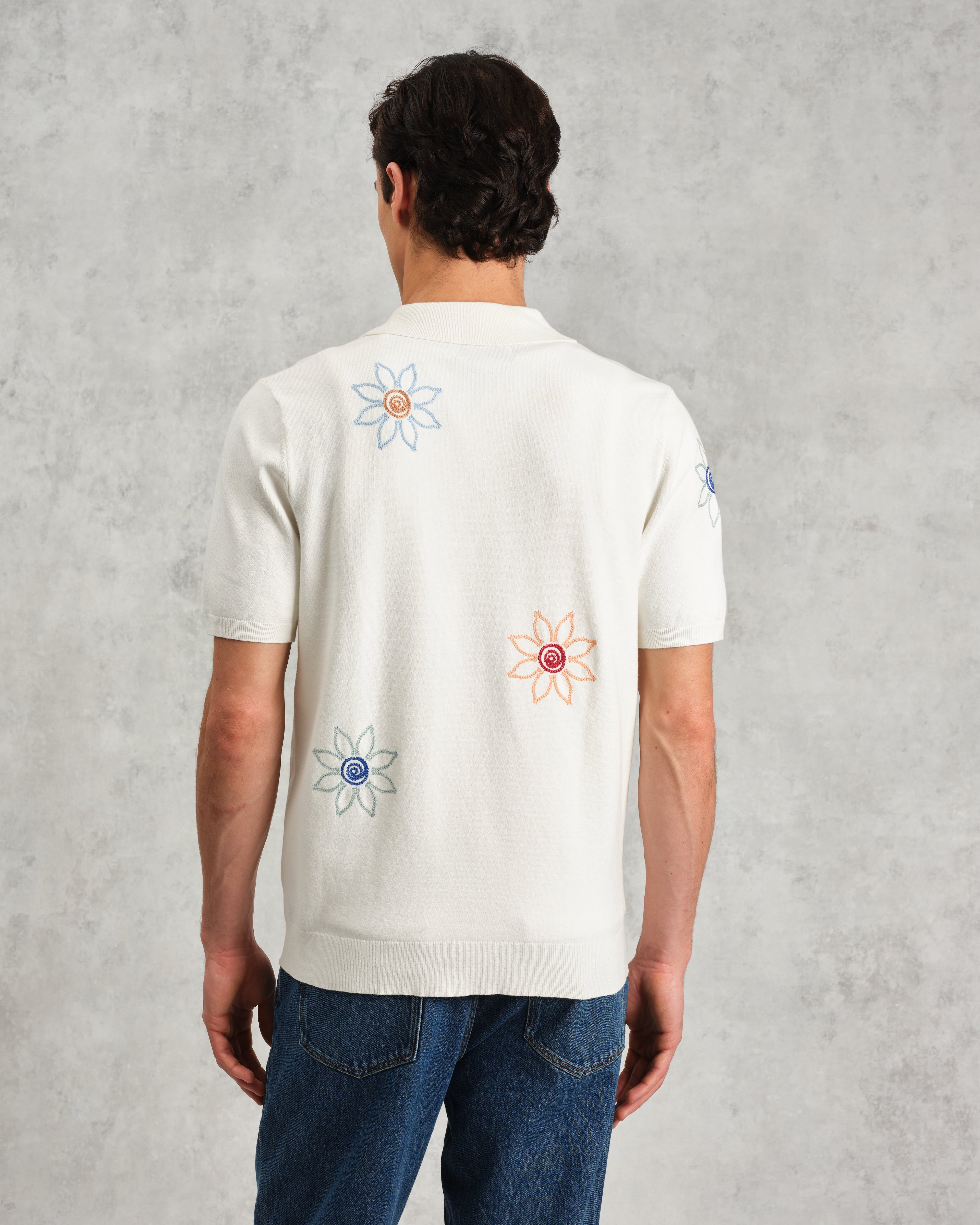 Tellaro - Ecru Embroidered Knitted Cotton Polo Shirt