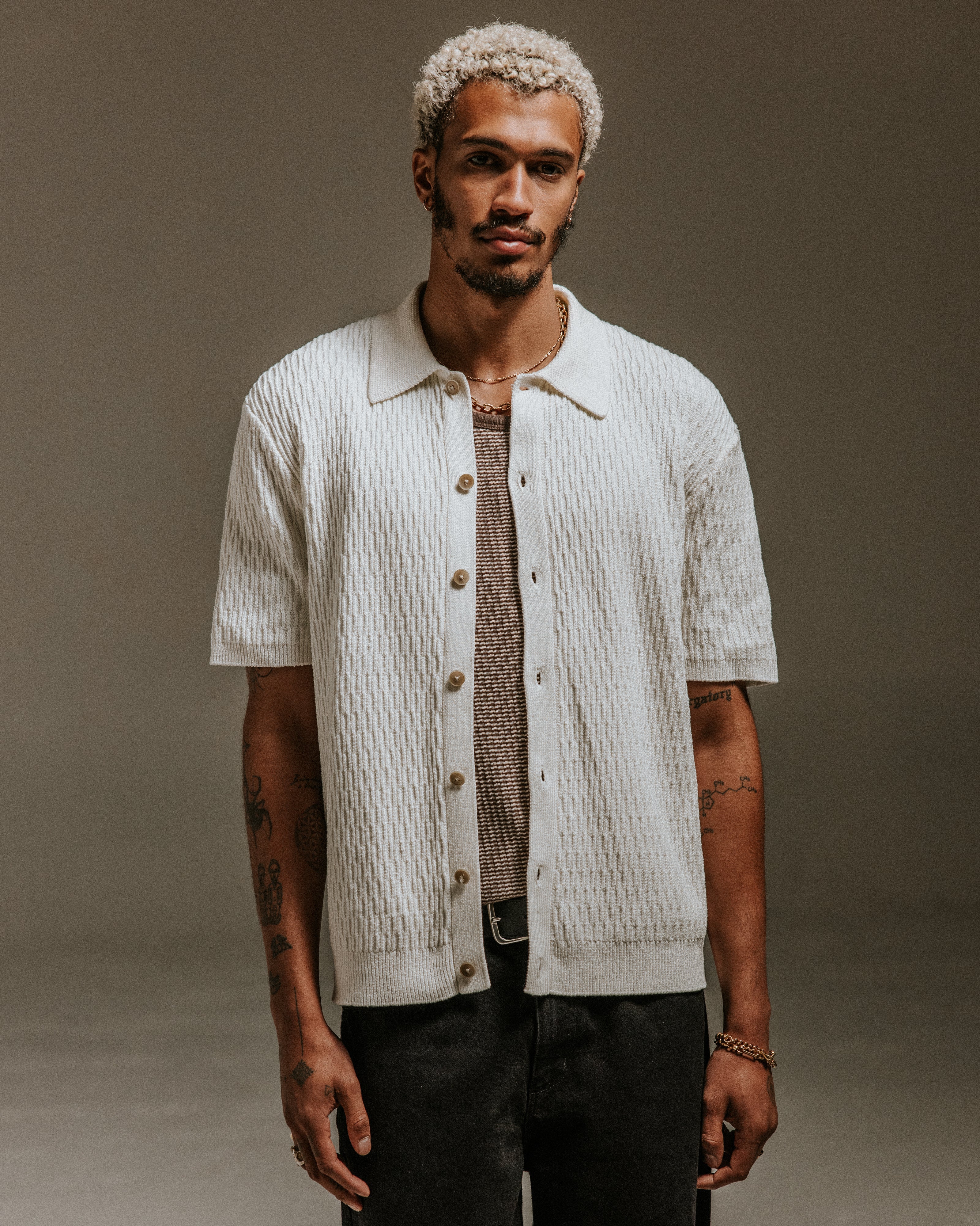 Tellaro - Ecru Honeycomb Knitted Cotton Polo Shirt
