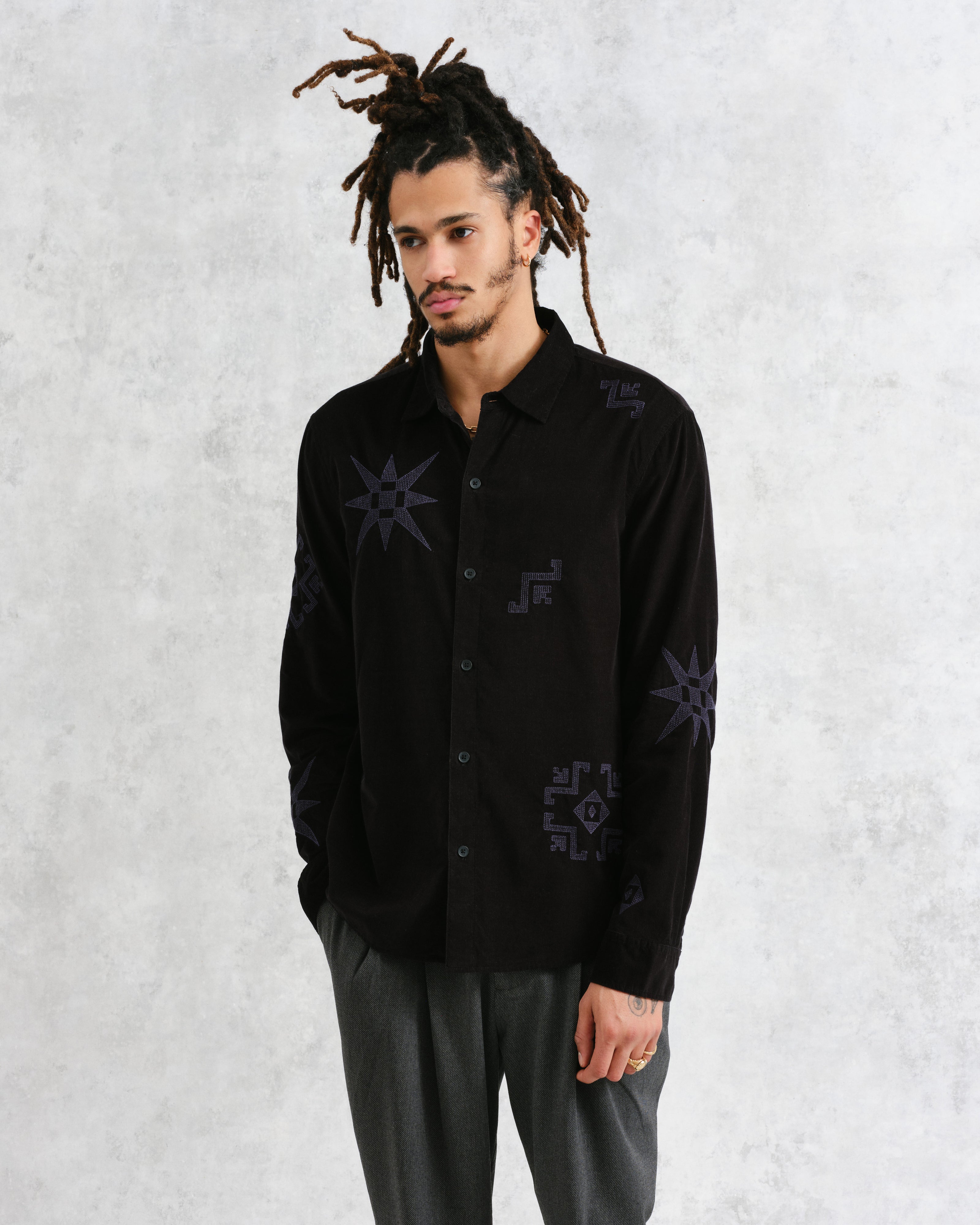 Trin - Black Geometrical Embroidered Corduroy Shirt